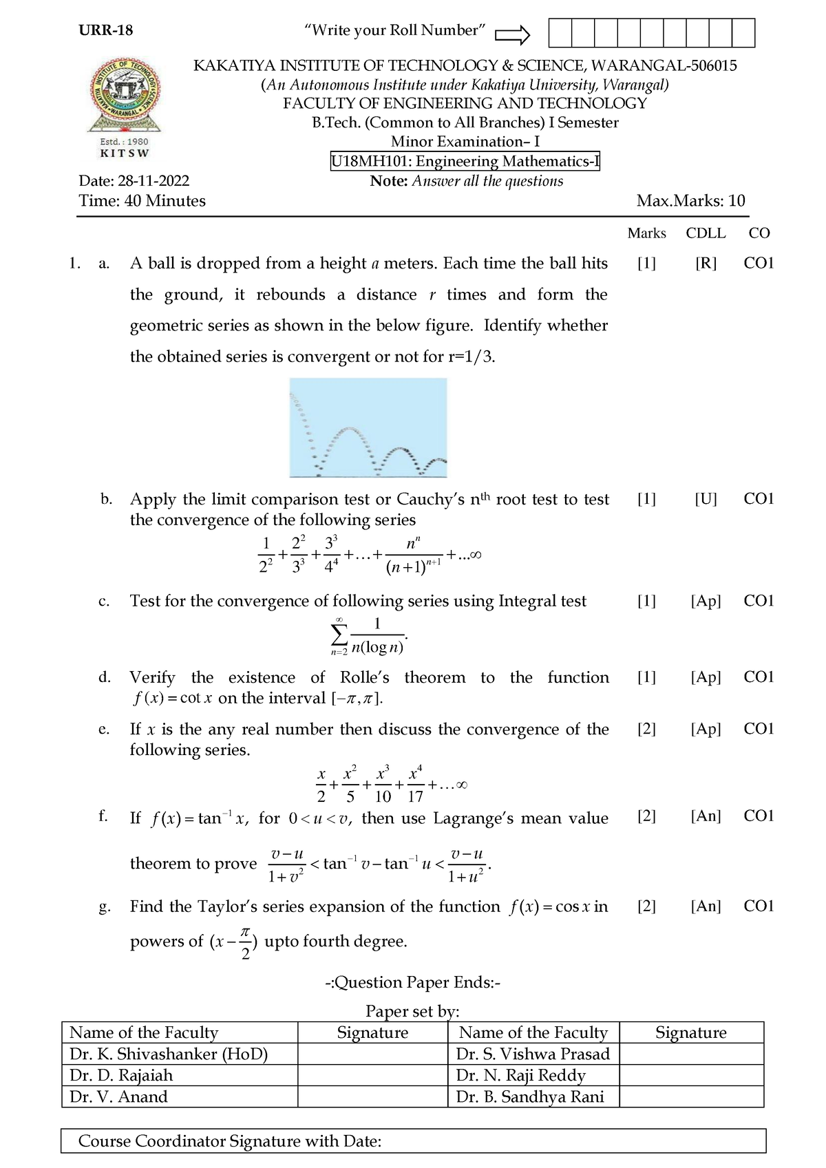 Minor-1QP - Engineering mathematics important questions - URR-18 “Write ...