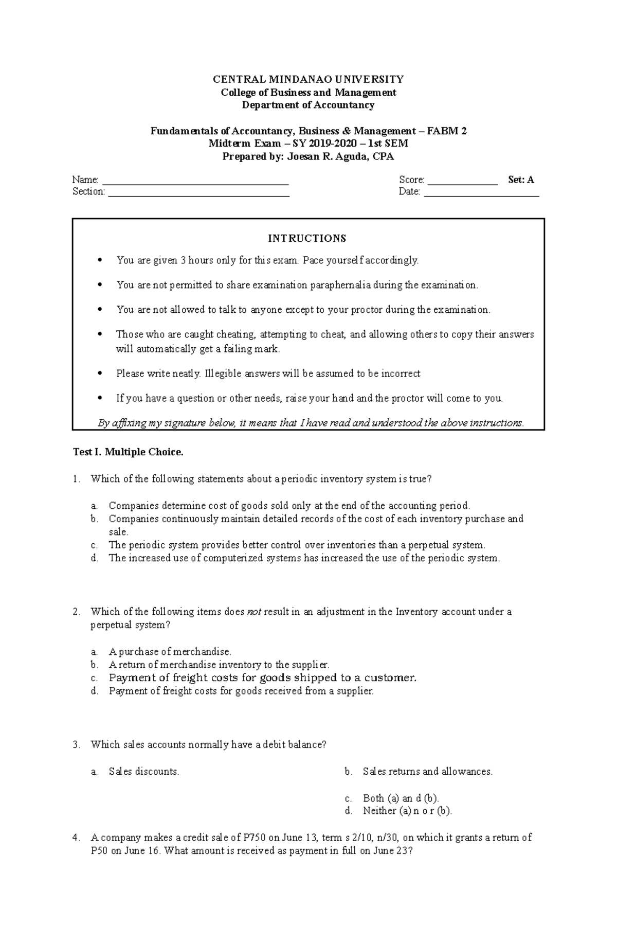 Midterm Exam 15 October 2019, questions - CENTRAL MINDANAO UNIVERSITY ...