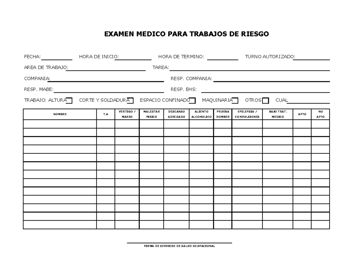Formato de Examen Médico para Trabajo de Alto Riesgo Vacío SIN LOGO