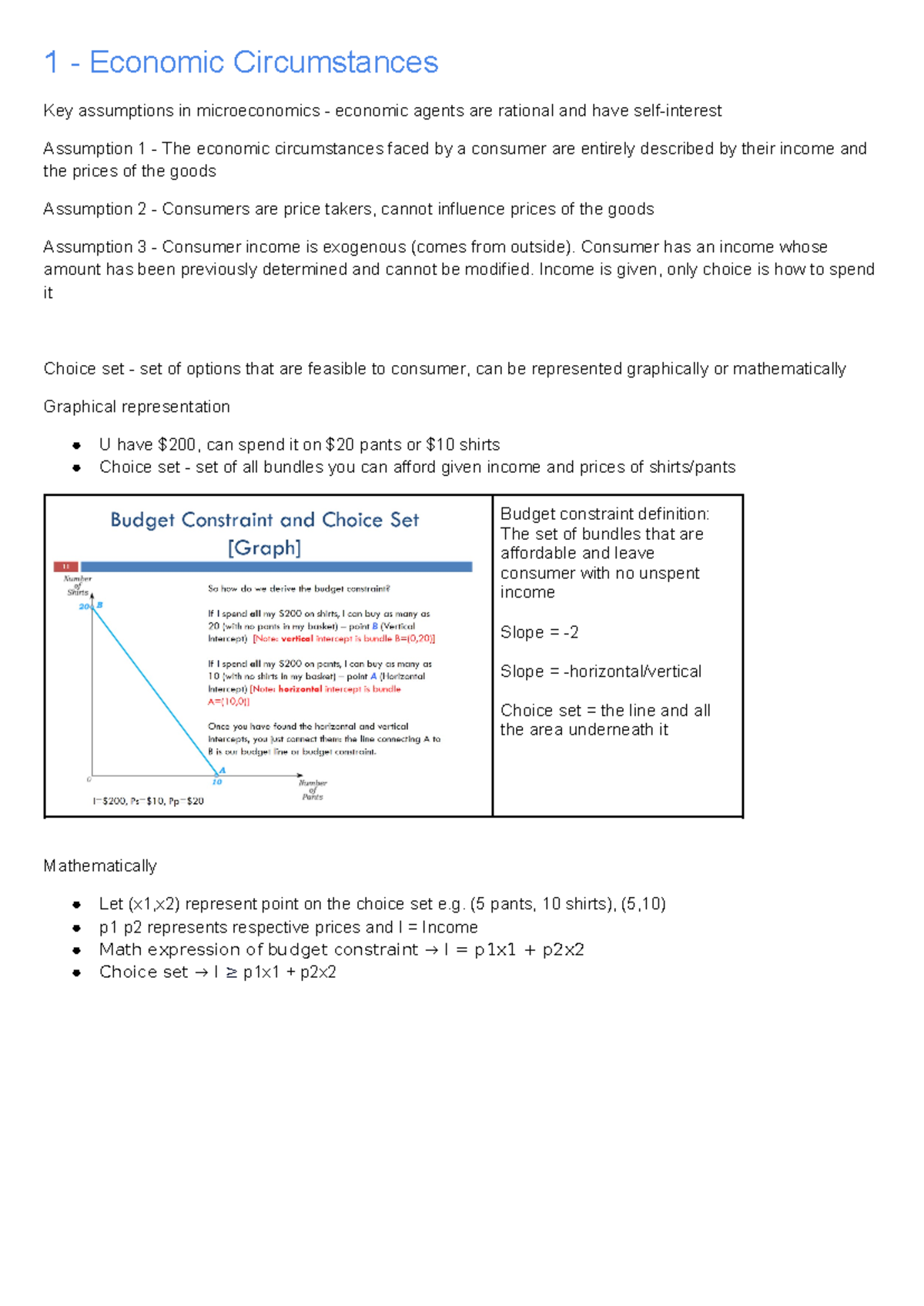 Lecture notes week 1-3 - 1 - Economic Circumstances Key assumptions in ...