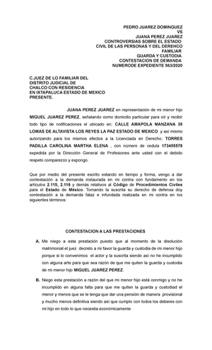 Contestacion DE Demanda CON Reconvencion Guarda Y Custodia - PEDRO JUAREZ  DOMINGUEZ VS JUANA PEREZ - Studocu