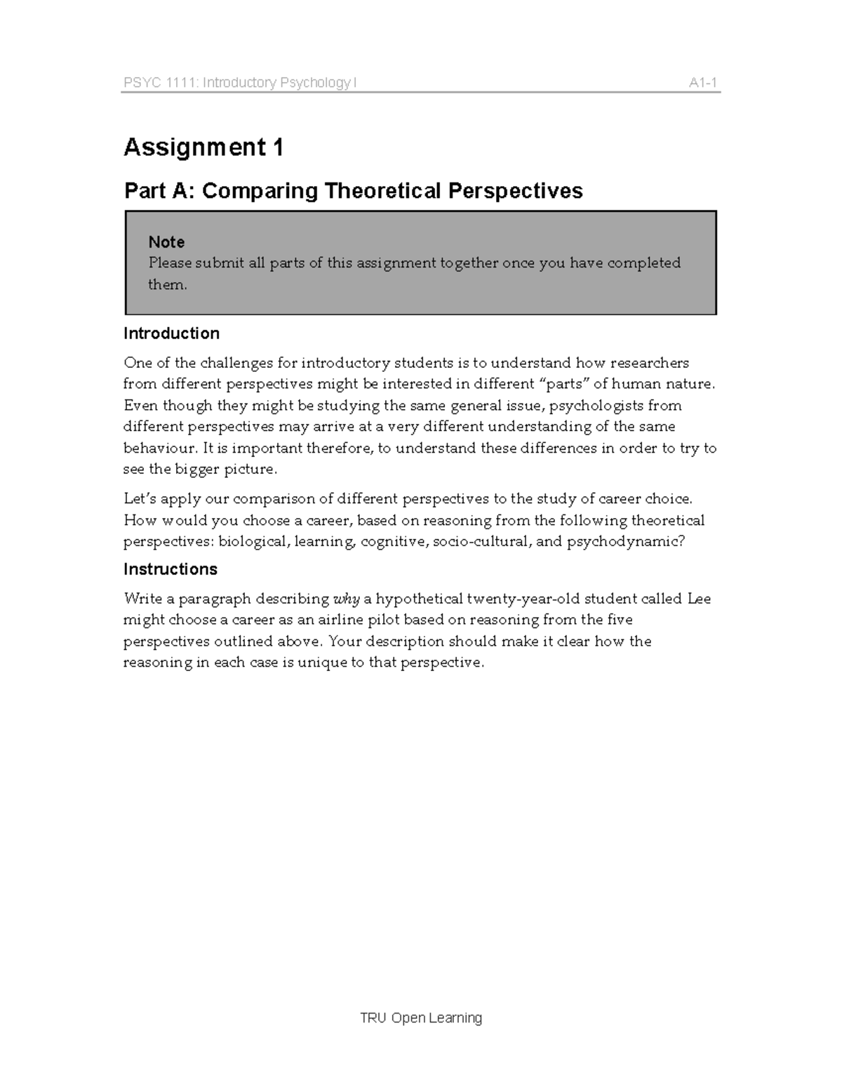 Psych 1111 - Outline For Assignment 1 - PSYC Introductory Psychology I ...