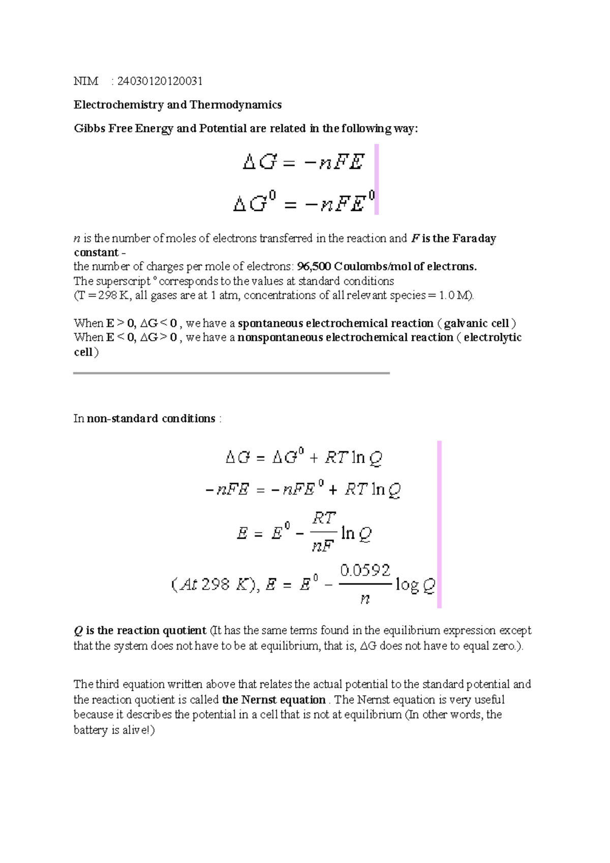 Electrochemistry and Thermodynamics - NIM : 24030120120031 ...