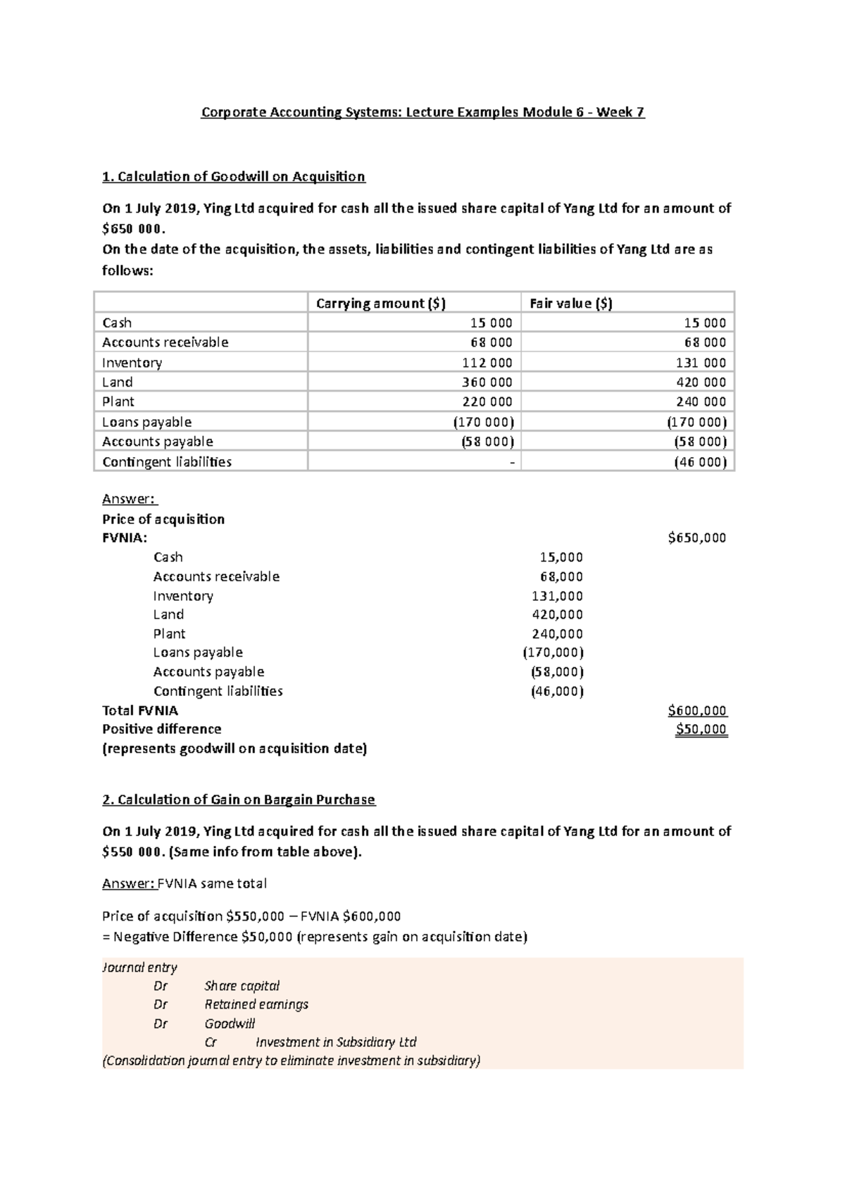 CAS Lecture Examples Module 6 - Week 7 - Calculation of Goodwill on ...