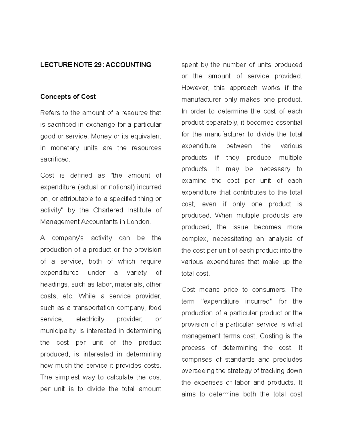 Lecture Note 29 Accounting LECTURE NOTE 29 ACCOUNTING Concepts of