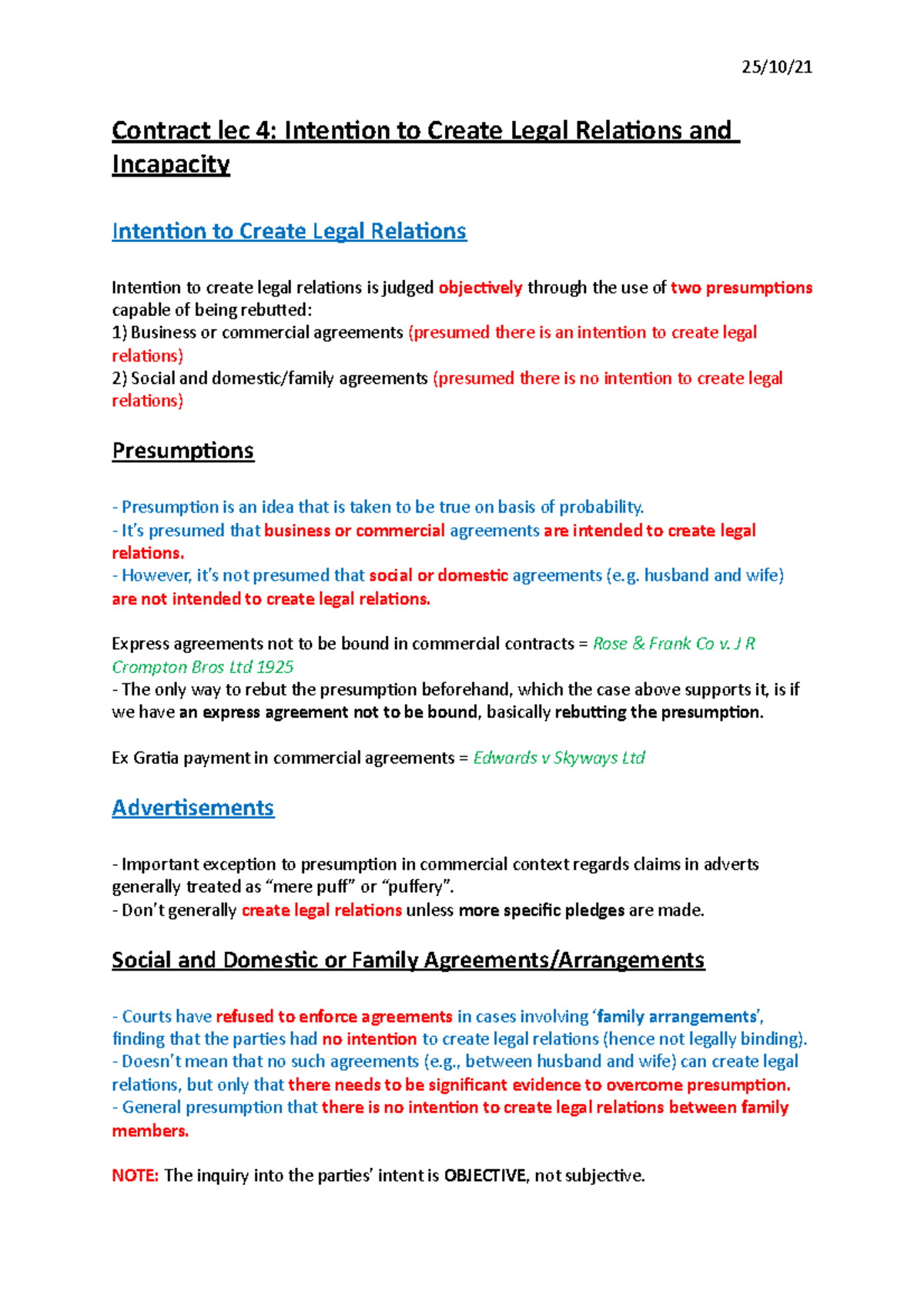 Contract lec 4 (Intention to Create Legal Relations and Incapacity ...