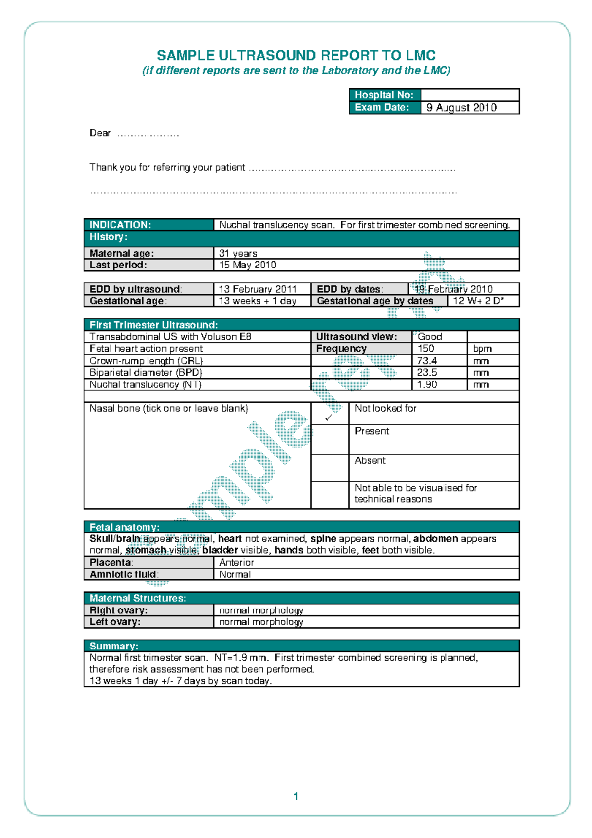 Sample - if different lab - lmc - 1 SAMPLE ULTRASOUND REPORT TO LMC (if ...