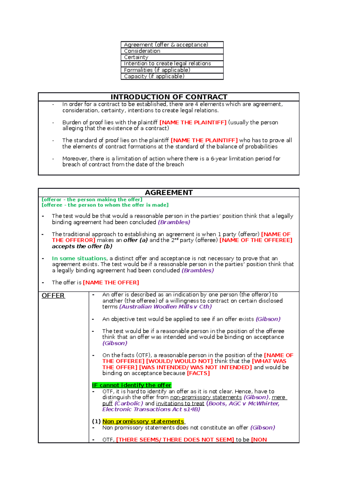 Finalised (agreement) Exam Notes (contract A) - Agreement (offer ...