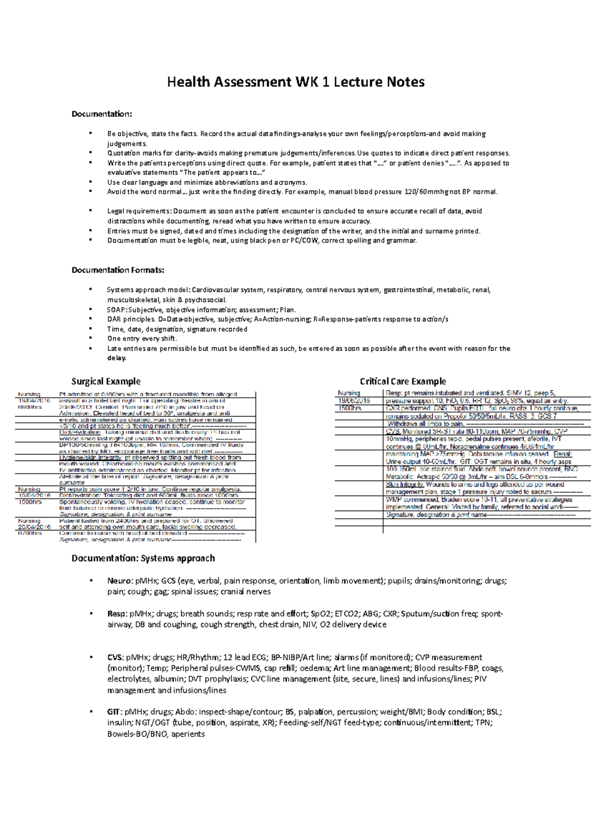 Health Assessment WK 1 Lecture Notes - Record the actual data findings ...