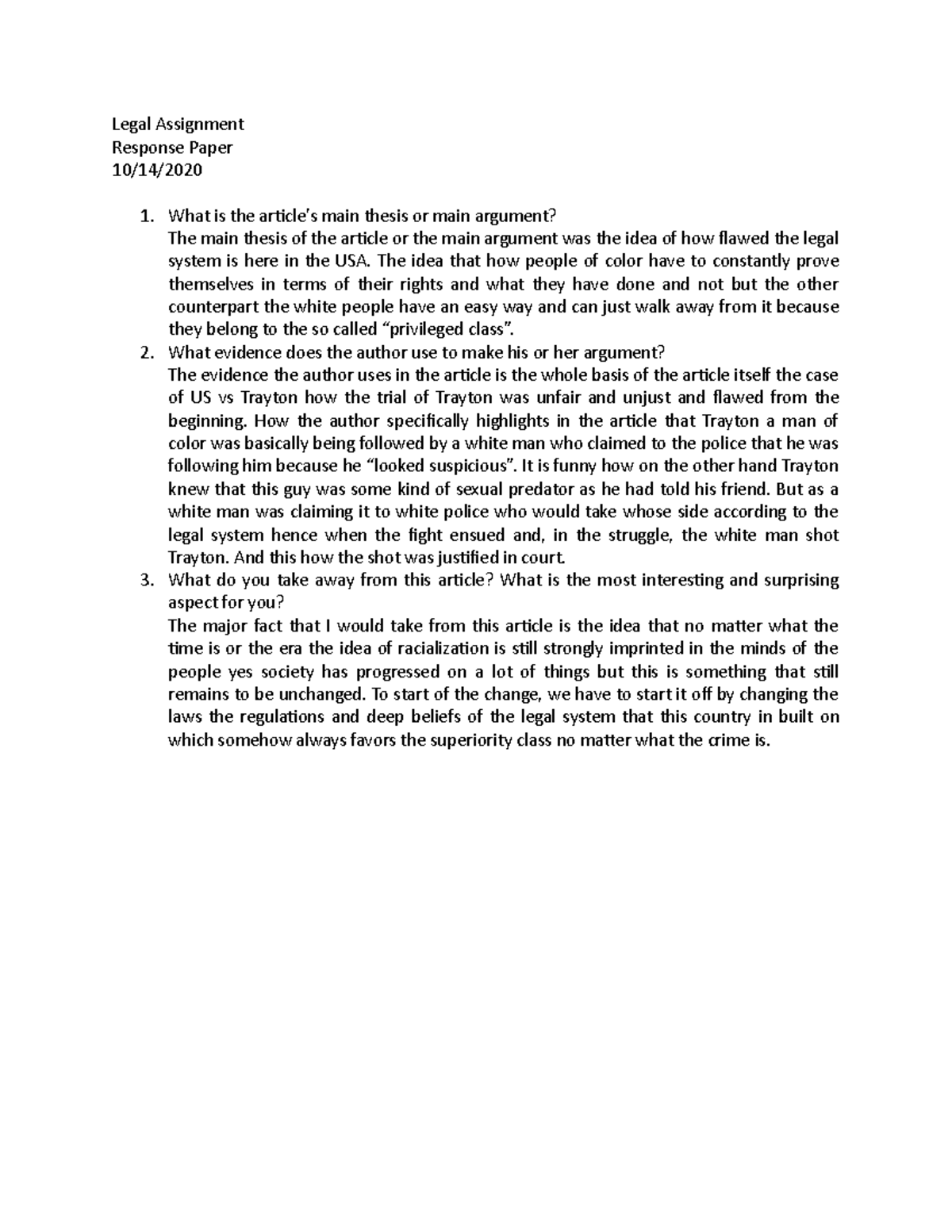 Legal Response Paper 4 10 of your grade Legal Assignment Response