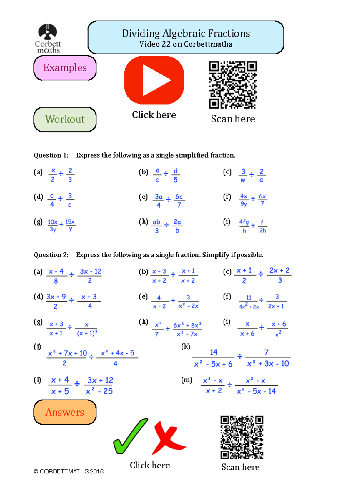 Dividing algebraic fractions pdf1 ! Dividing Algebraic Fractions Video 22 on Corbettmaths
