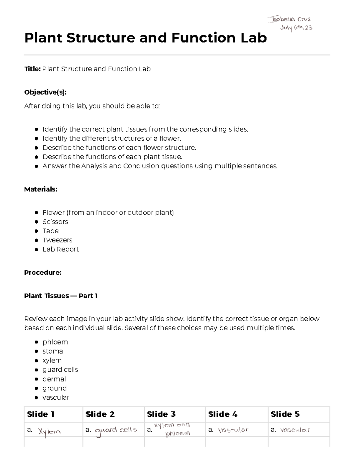 Virtual Garden Lab Report - Plant Structure and Function Lab Title ...