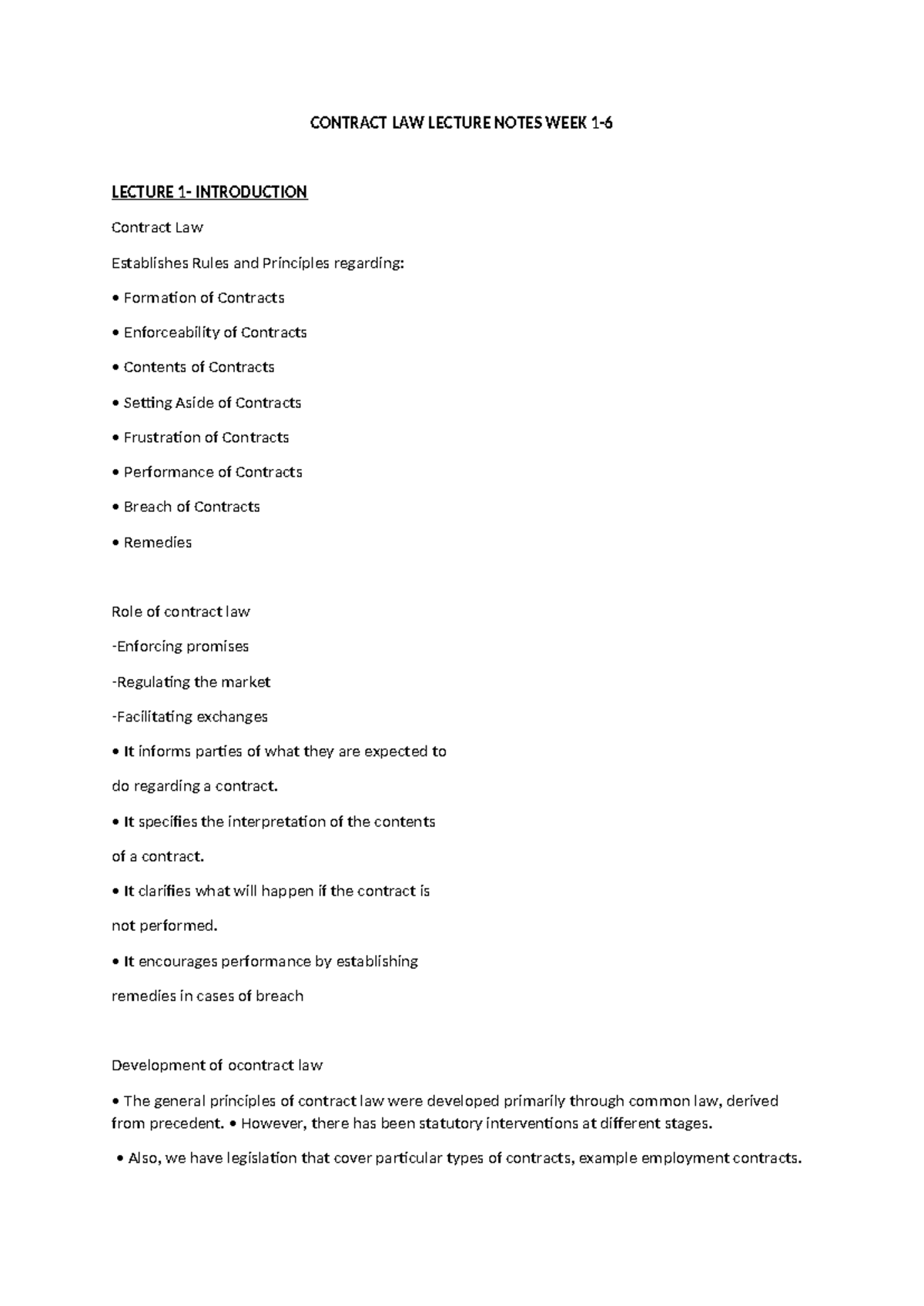 Contract LAW Lectures - CONTRACT LAW LECTURE NOTES WEEK 1- LECTURE 1 ...