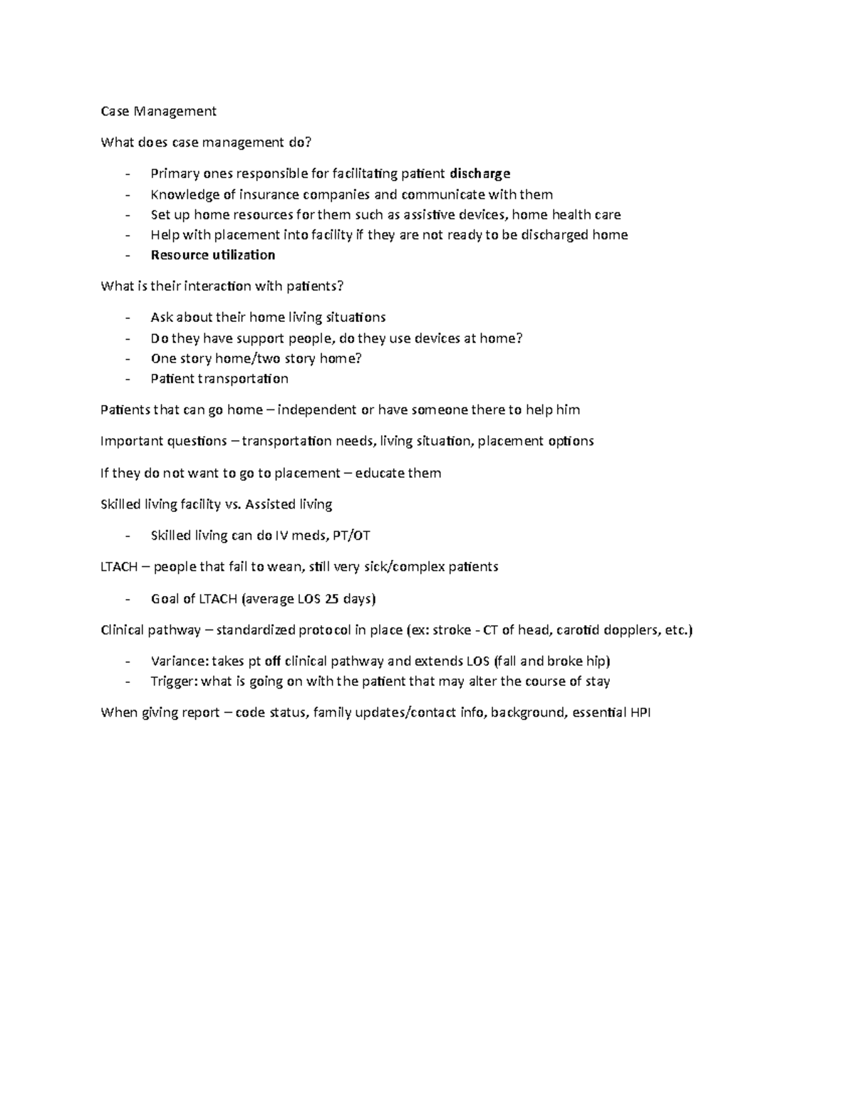 Exam 1 Clinical Case Key Points Case Management What does case