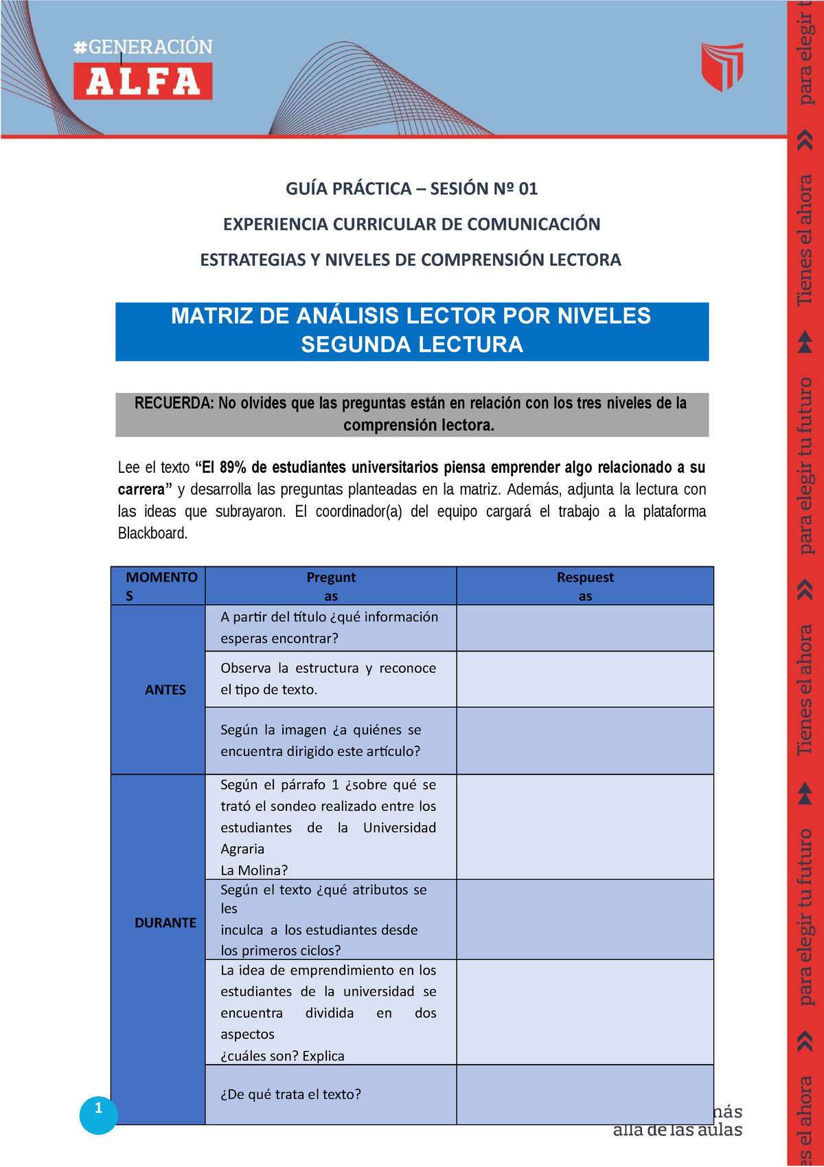 Matriz DE Análnisis Lector - Segunda Lectura - | GUÍA PRÁCTICA – SESIÓN ...