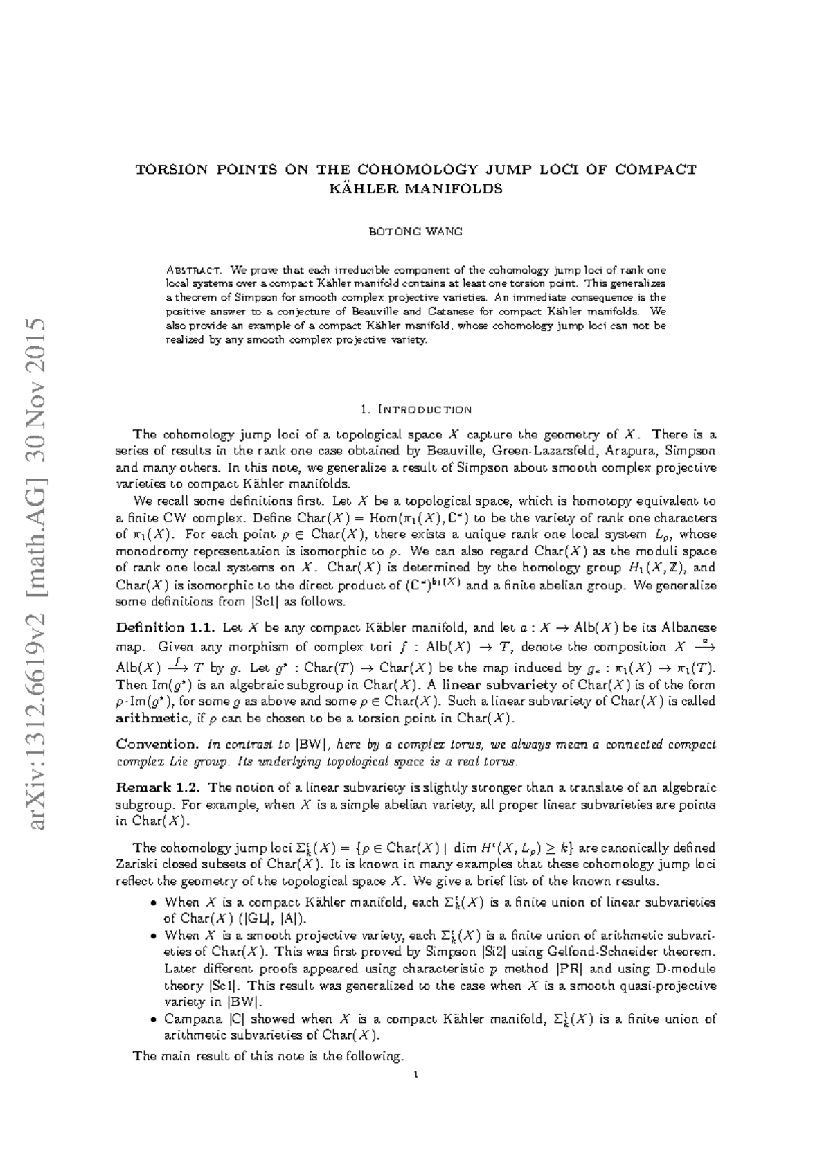 1312 Cours arXiv1312 [math] 30 Nov 2015 TORSION POINTS ON THE COHOMOLOGY JUMP LOCI OF