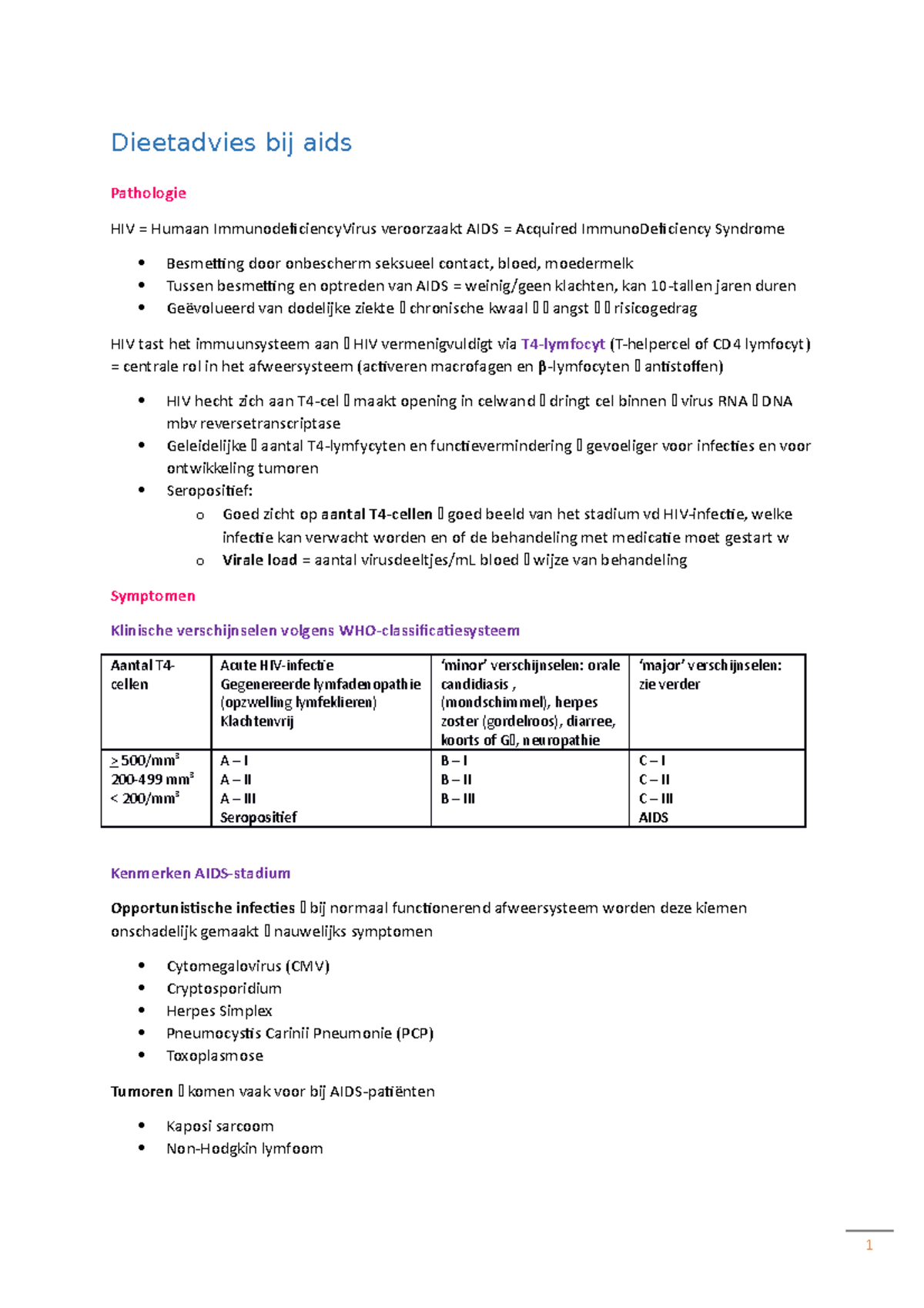 Samenvatting dieetadvies bij aids - Dieetadvies bij aids Pathologie HIV ...
