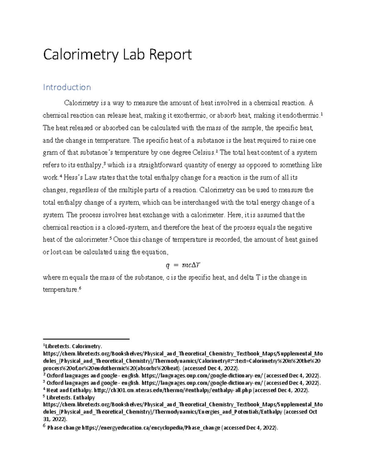 calorimetry lab report hypothesis