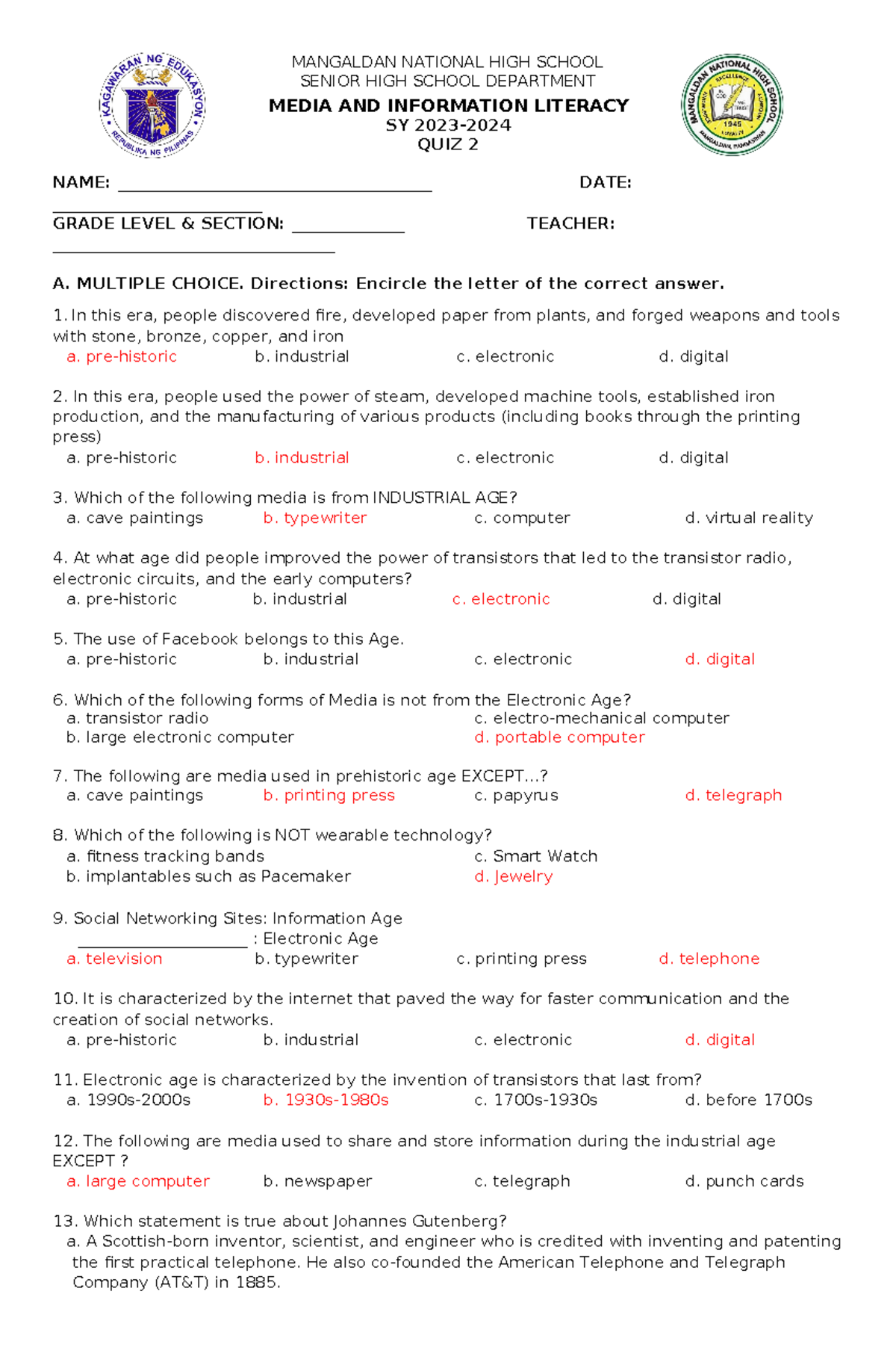 MIL QUIZ 2 LONG QUIZ - MEDIA AND INFORMATION LITERACY - MANGALDAN ...