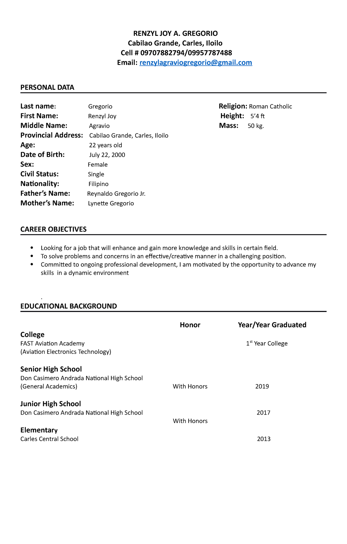 Resume Sample - RENZYL JOY A. GREGORIO Cabilao Grande, Carles, Iloilo ...