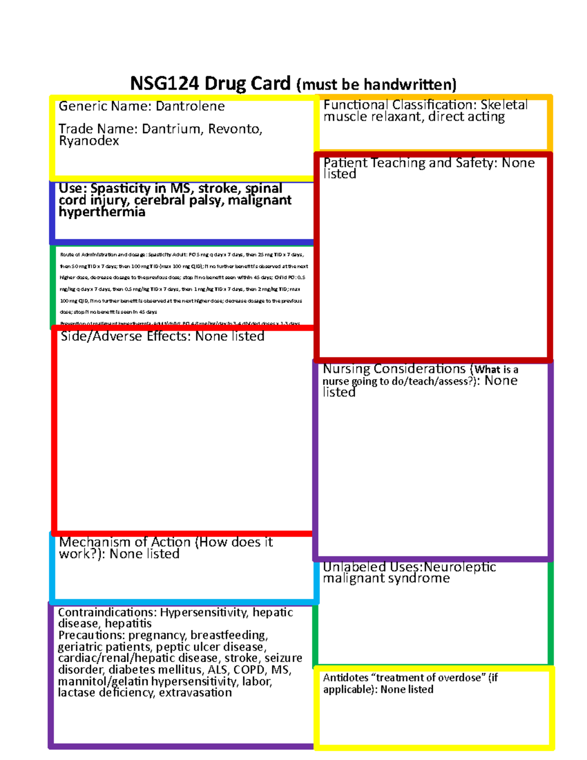 Dantrolene Drug Card - Drug Card - NSG124 Drug Card (must Be ...