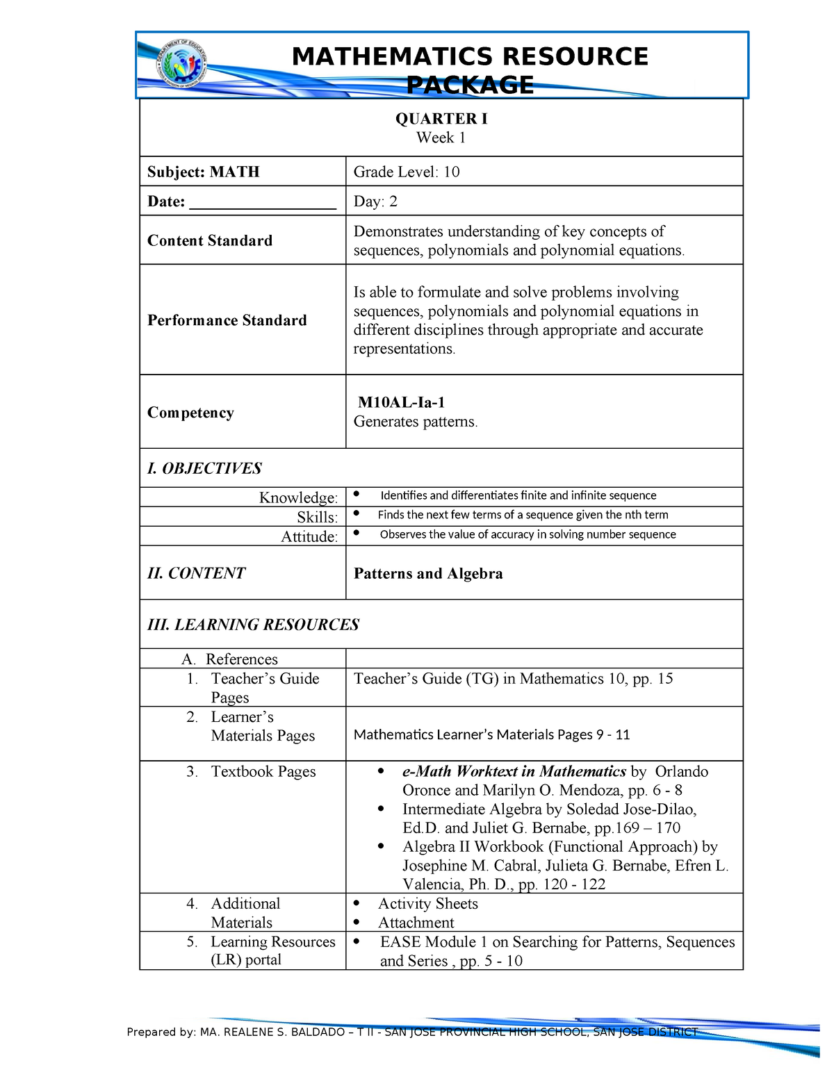 DLP-G10-Q1-W1-day 2 - Daily Lesson Plan - PACKAGE ####### QUARTER I ...