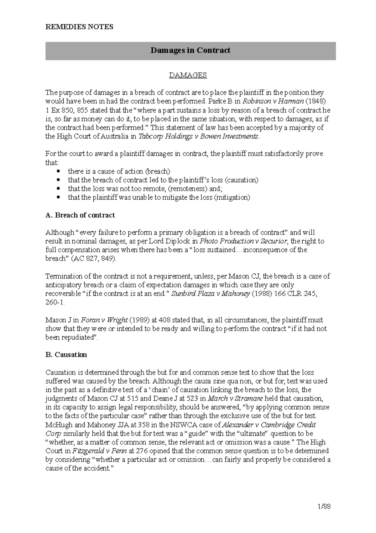 Remedies Notes REMEDIES NOTES Damages in Contract DAMAGES The