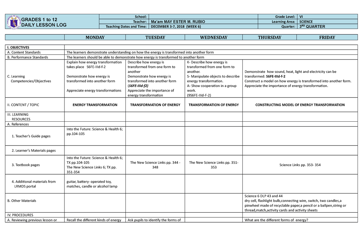 415302096 Science 6 Q3 W6 DLL Docx - GRADES 1 To 12 DAILY LESSON LOG ...