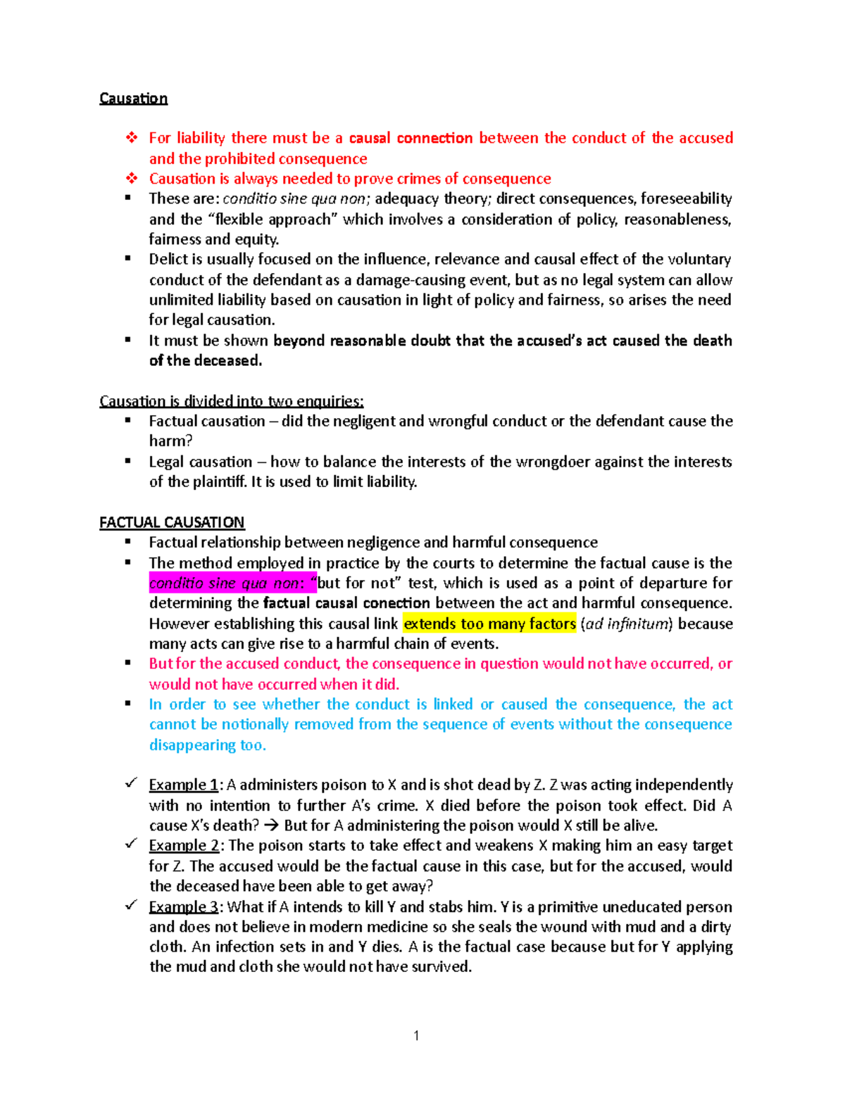 04CR - Causation (1) - Just summarised notes - Causation For liability ...