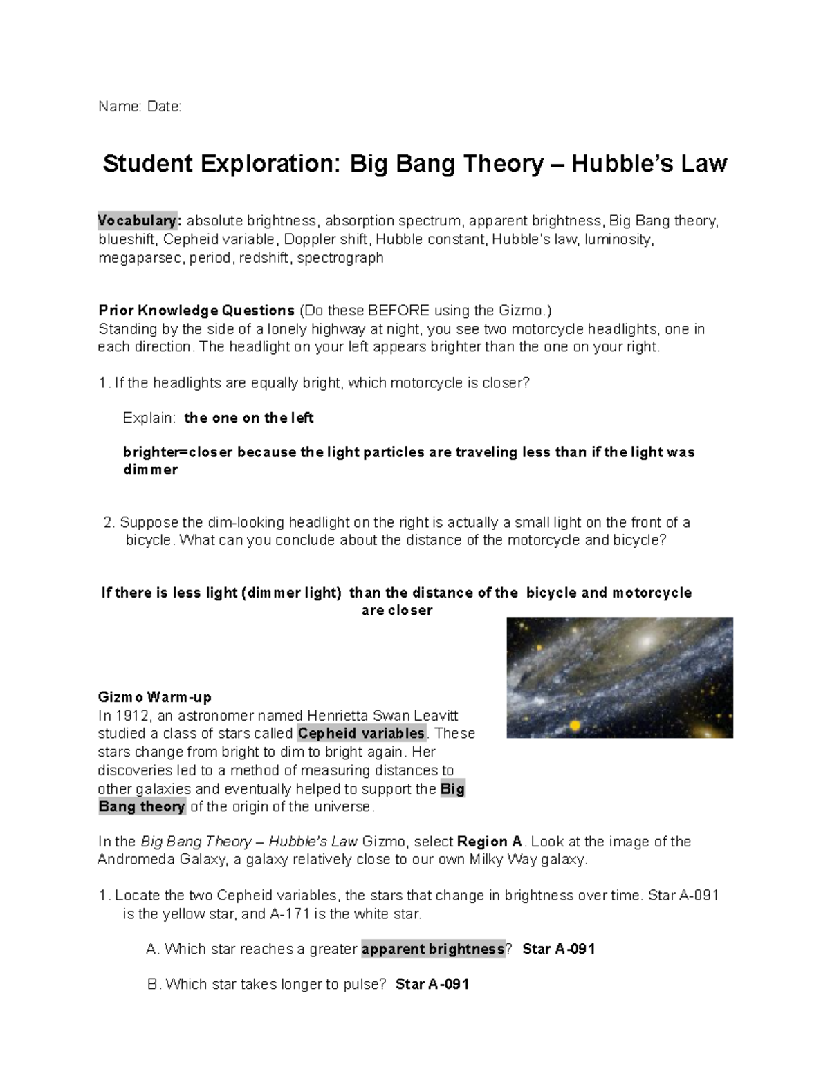 Big Bang Theory - Hubble's Law 0 - Name: Date: Student Exploration: Big ...