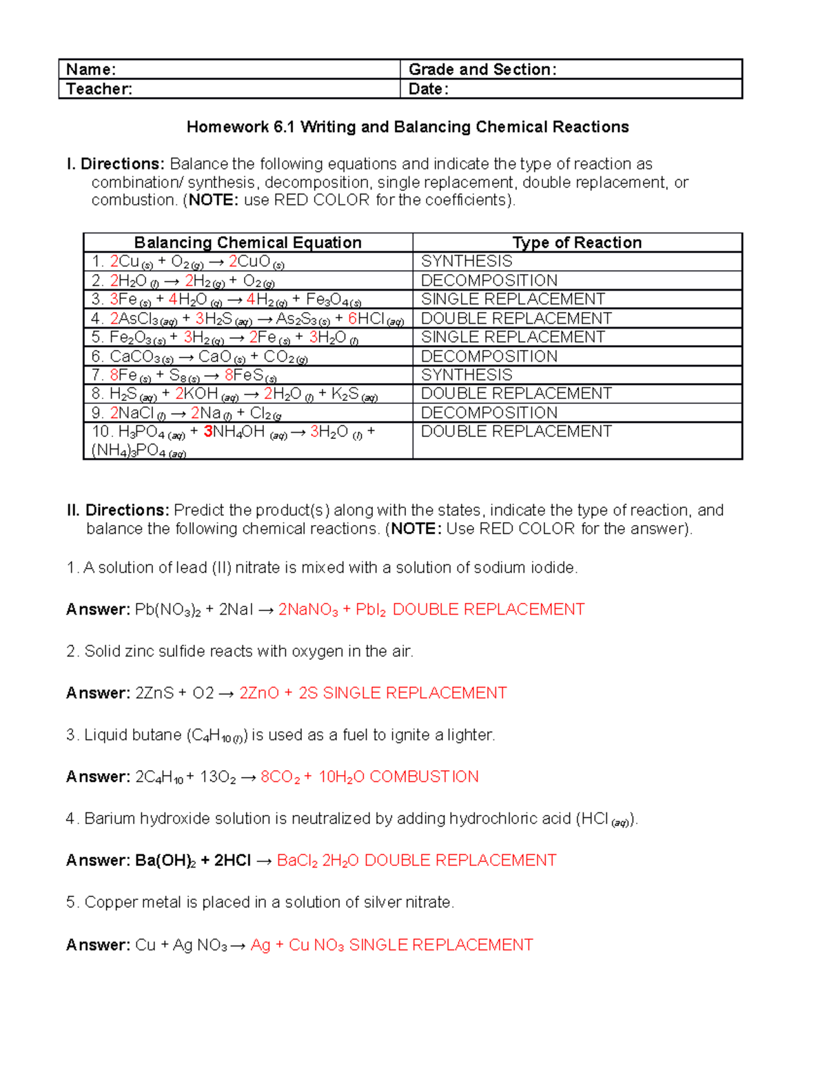 Balancing chemical equation - Name: Grade and Section: Teacher: Date ...