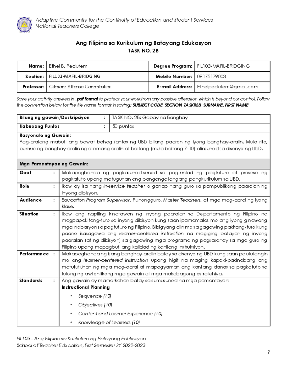 FIL103 Worksheet - TASK NO. 2B Pedutem Ethel Finals - National Teachers ...