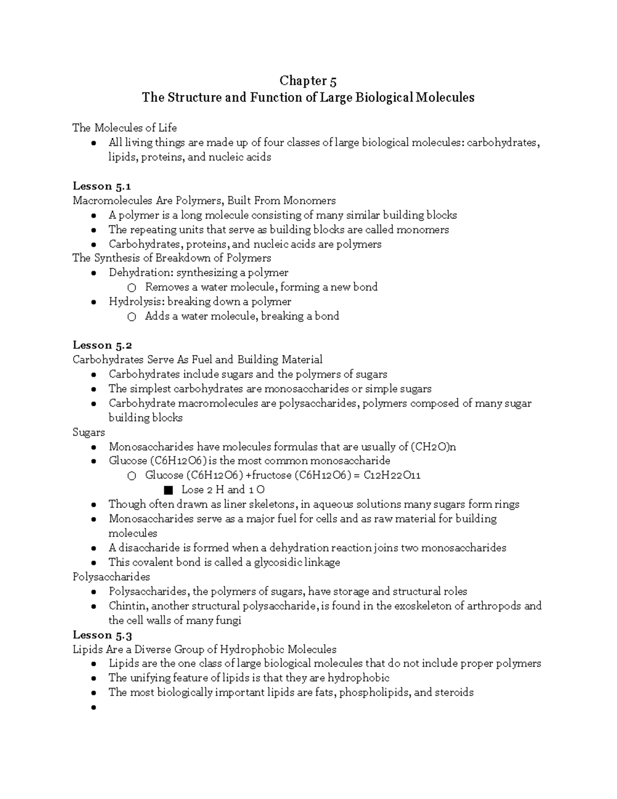 Ch. 5: The Structure and Function of Large Biological Molecules ...