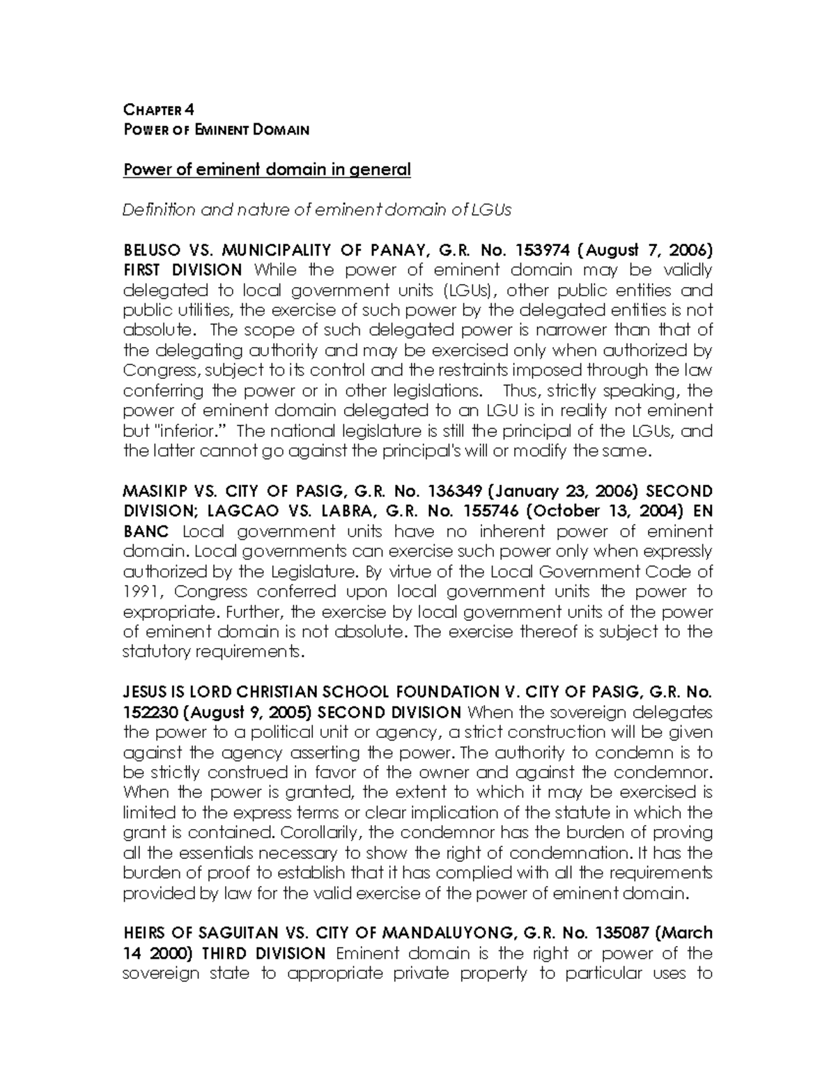 Case Law Compendium Chapters 4-7 - CHAPTER 4 POWER OF EMINENT DOMAIN ...
