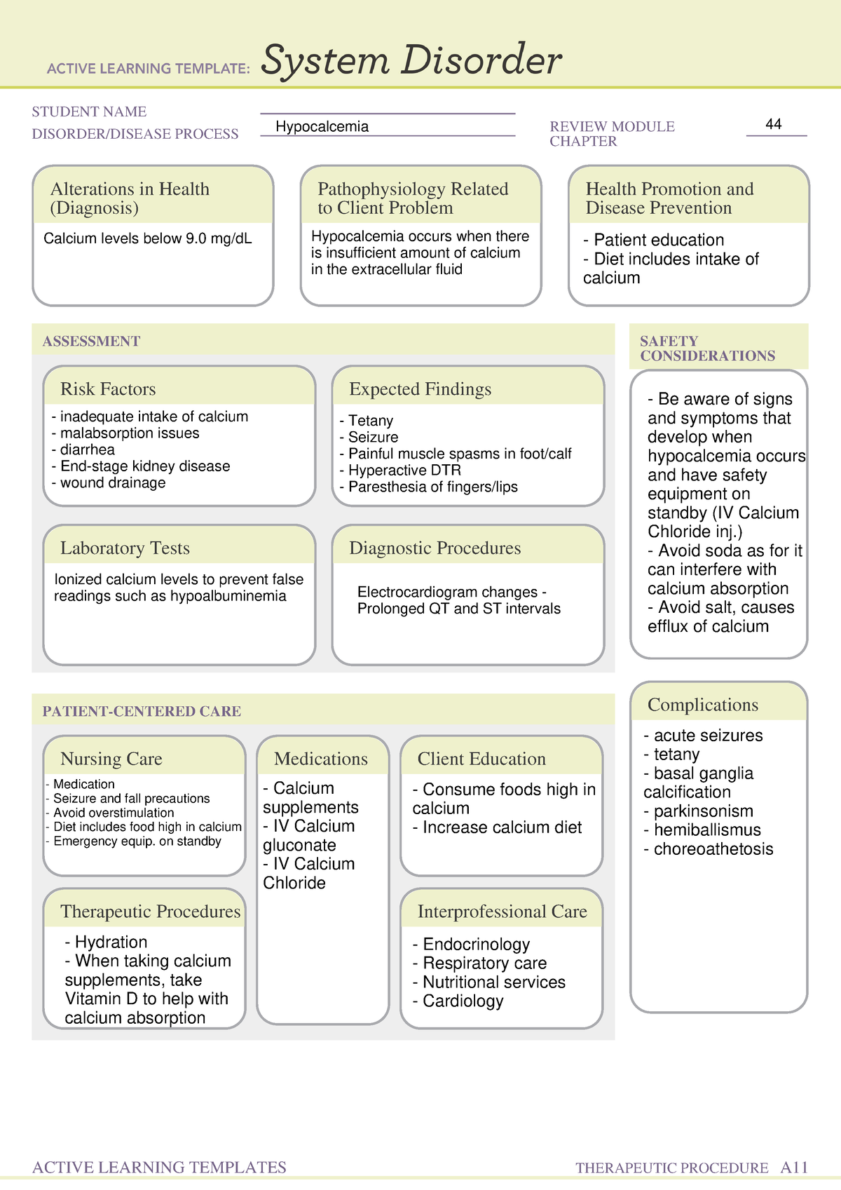 Hypocalcemia - ATI notes - HS 46Ph - STUDENT NAME DISORDER/DISEASE ...