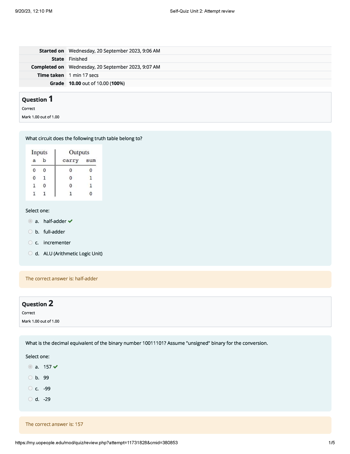 Self-Quiz Unit 2 Attempt Review Test 1 - Started On Wednesday, 20 ...