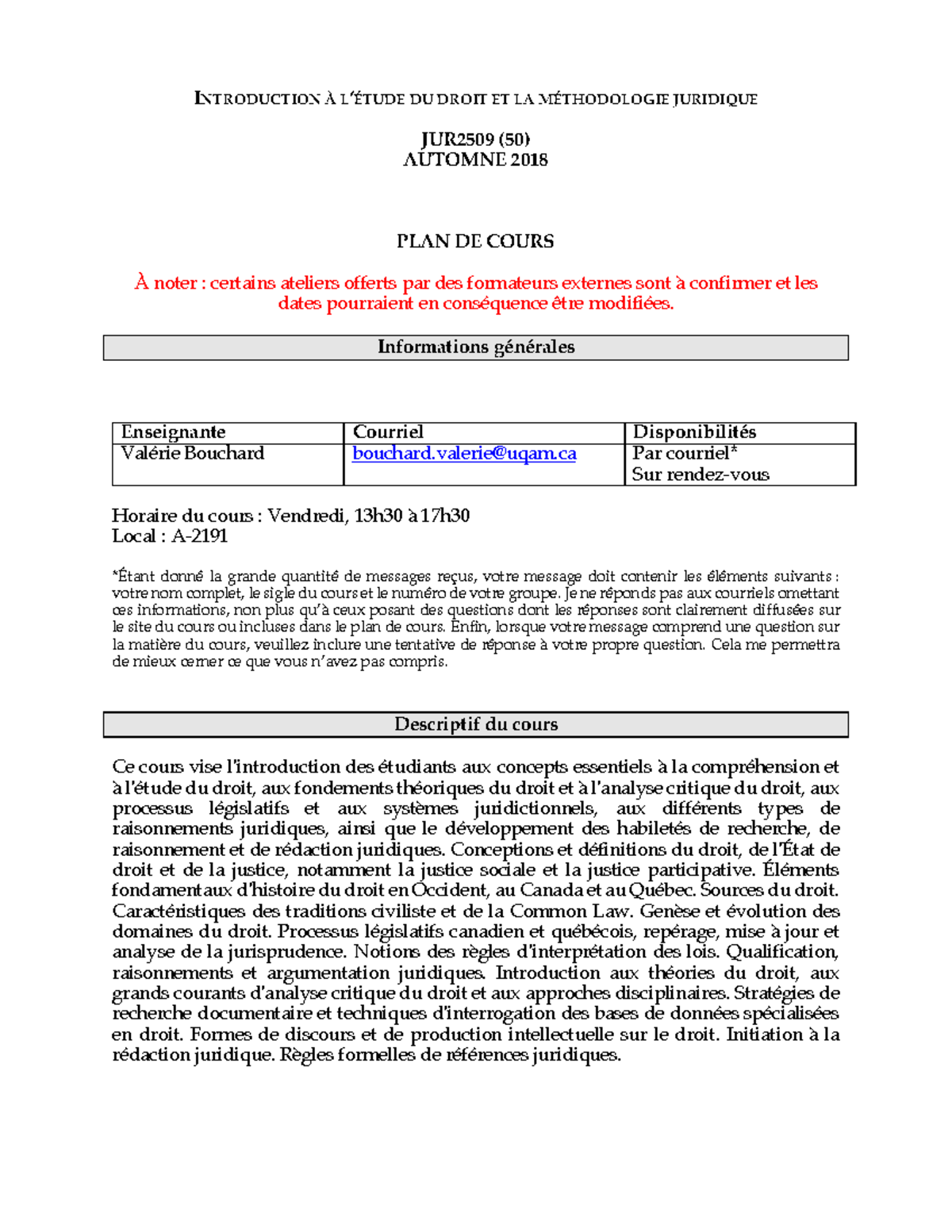 Plan de cours - INTRODUCTION À L’ÉTUDE DU DROIT ET LA MÉTHODOLOGIE ...