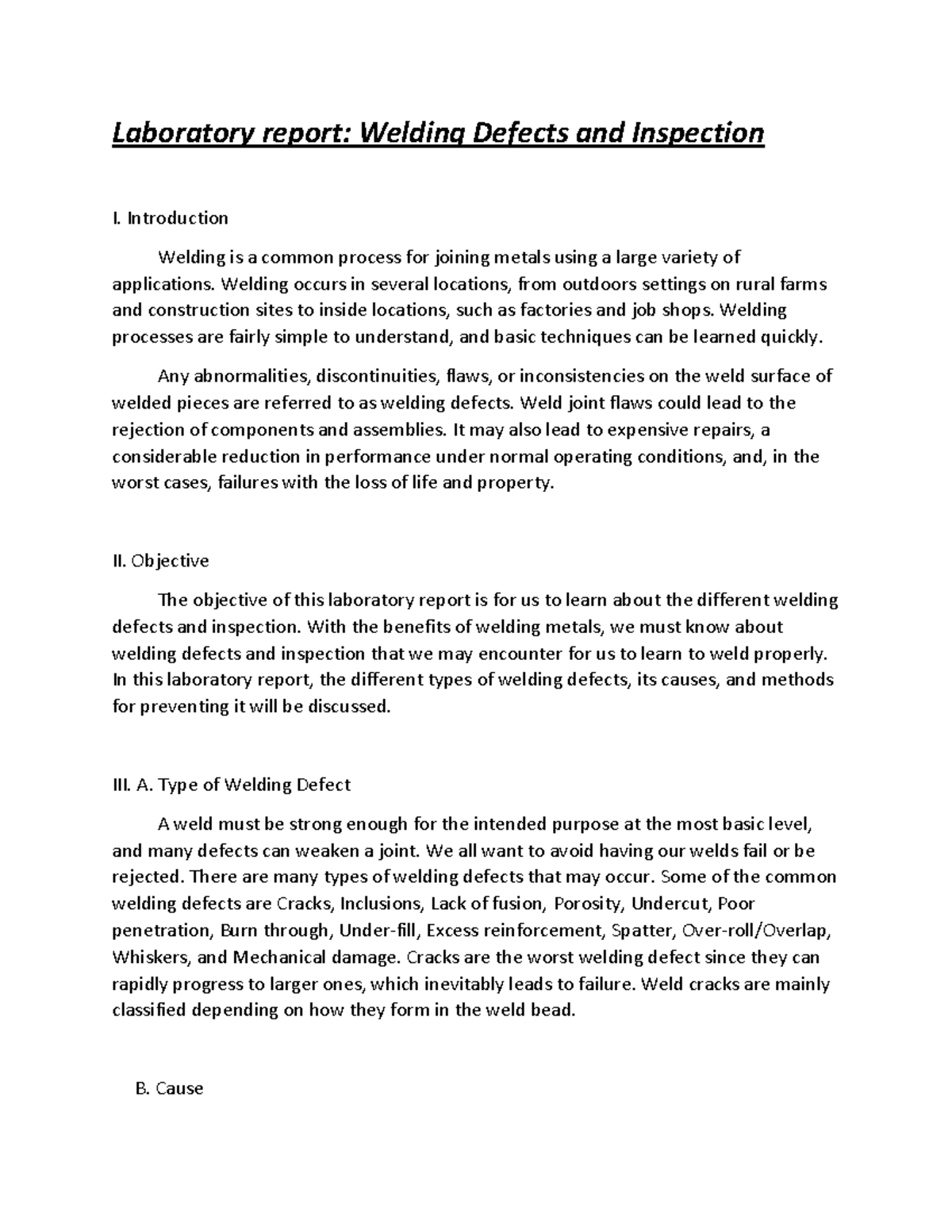 Laboratory Report about Welding Defects and Inspections - Laboratory ...