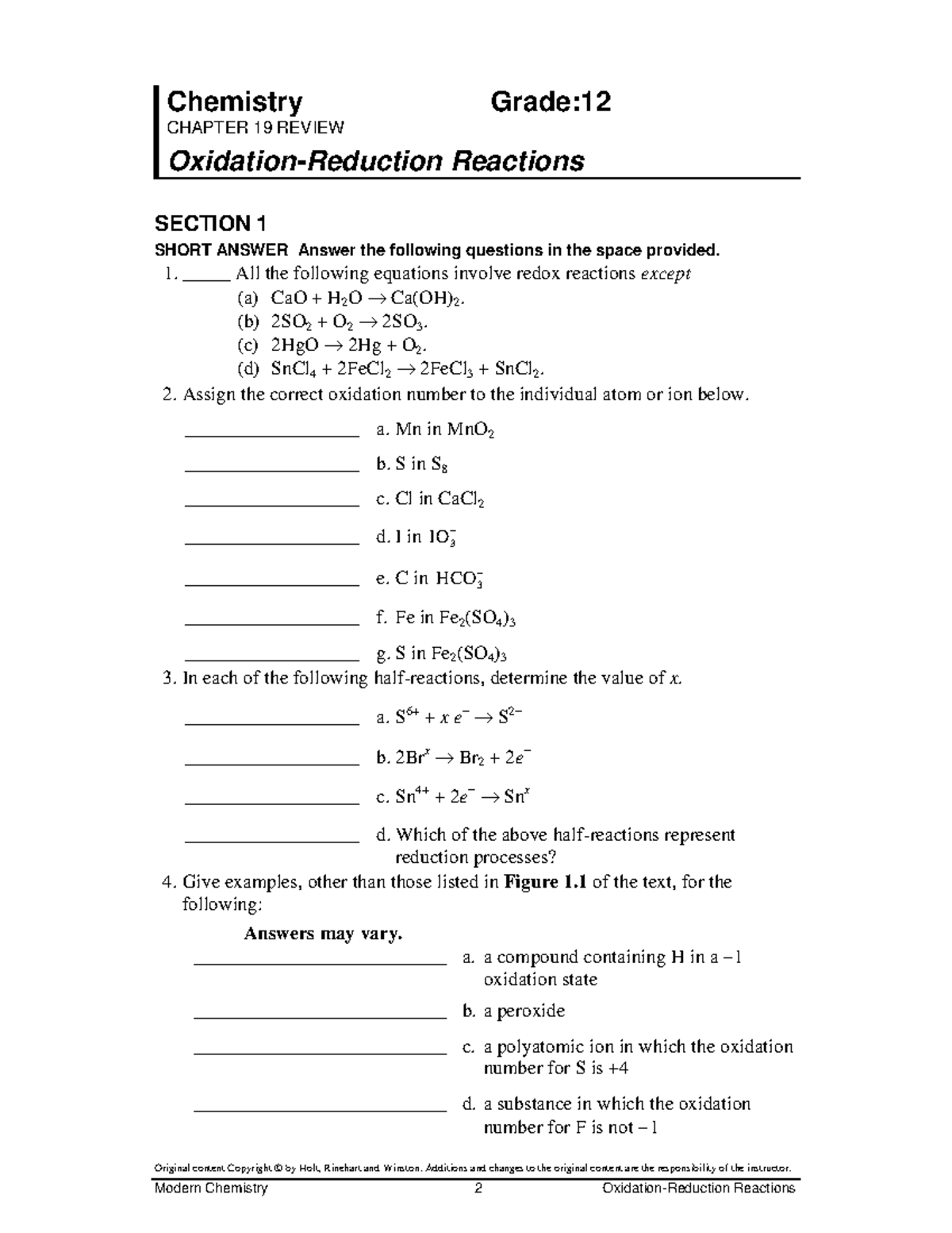 Grade 12 Chemistry - Notes - Original content Copyright © by Holt ...