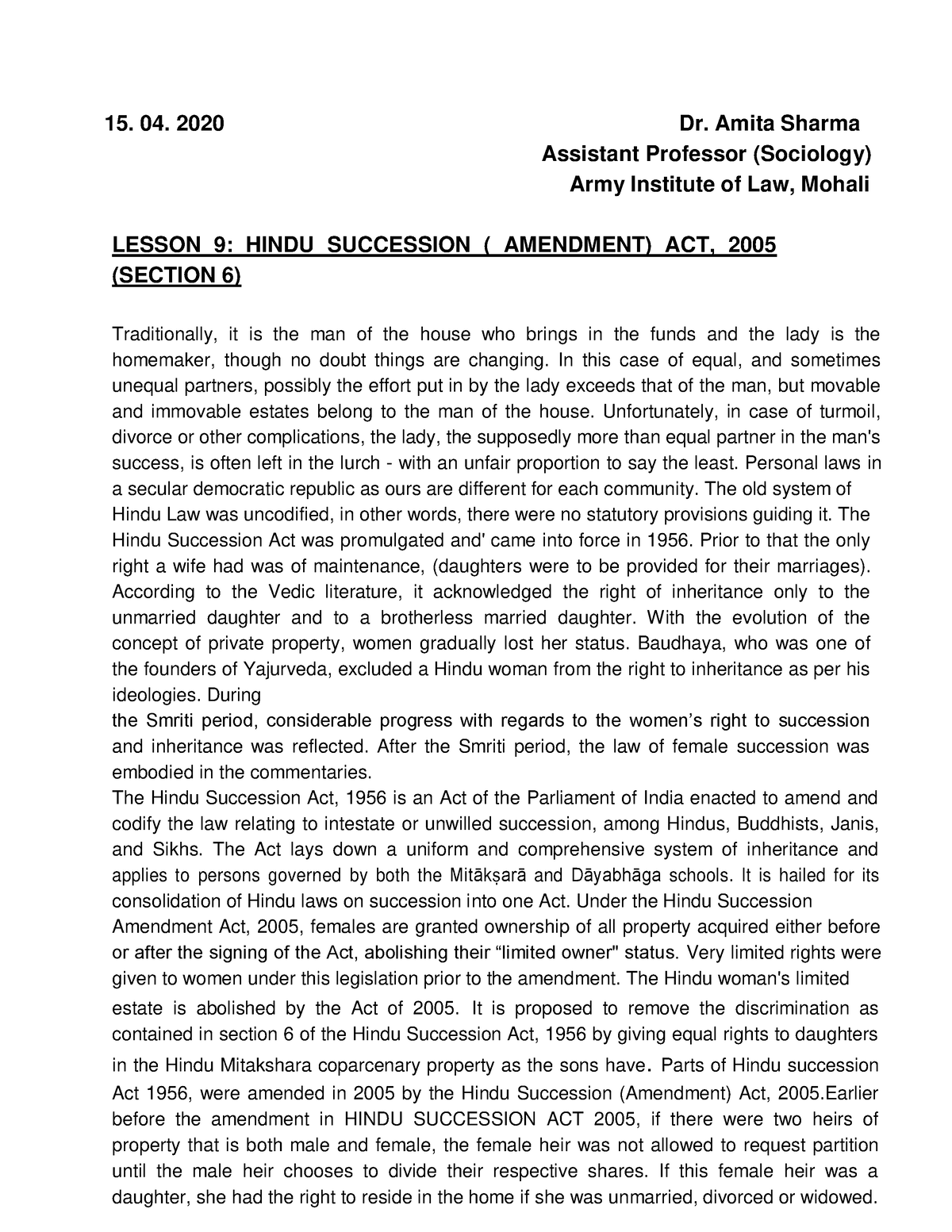 hindu-succession-act-2005-sociology-pu-studocu