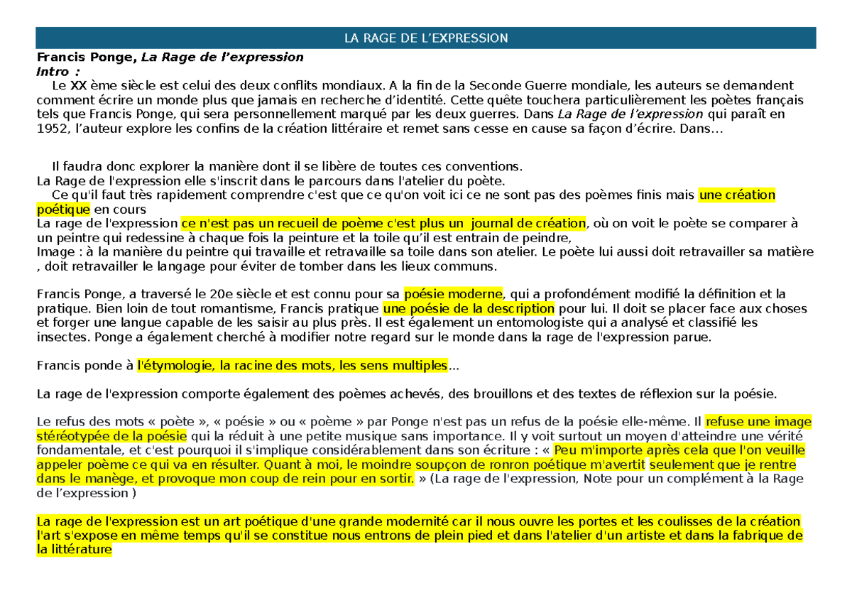 Document ponge - plan dissertation - Francis Ponge, La Rage de l