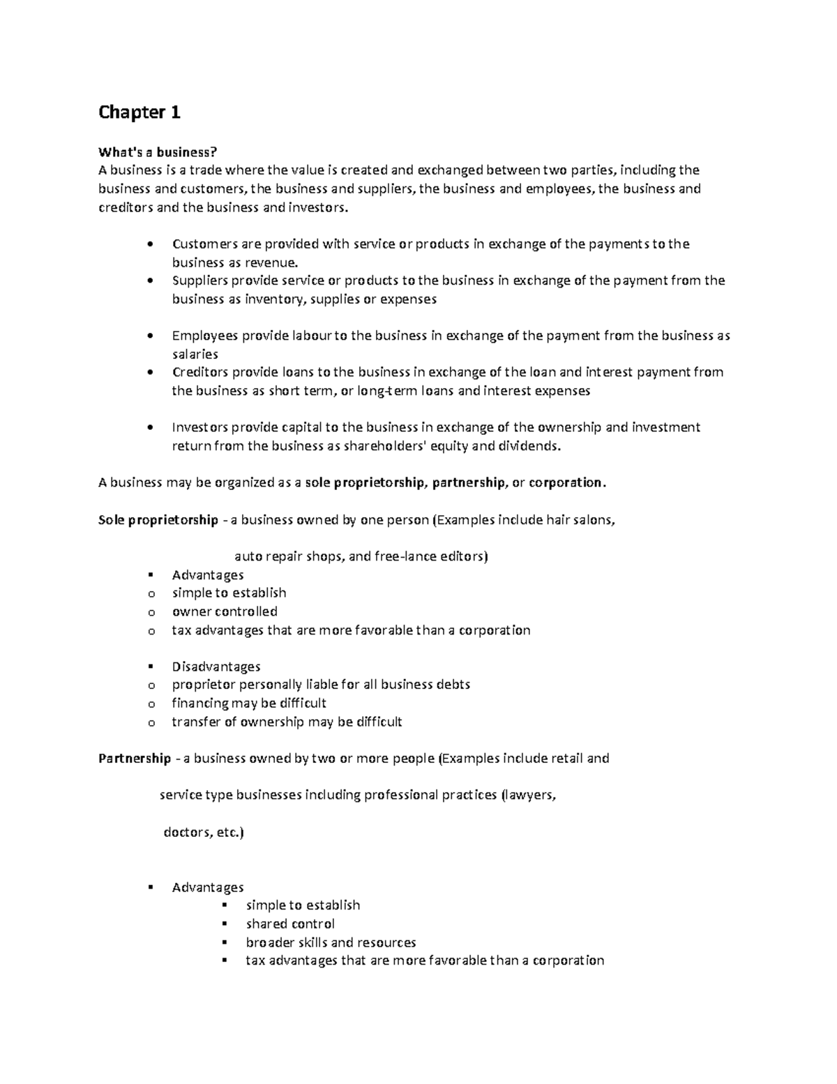 Chapter 1 Note - Lecture notes 1 - Chapter 1 What's a business? A ...