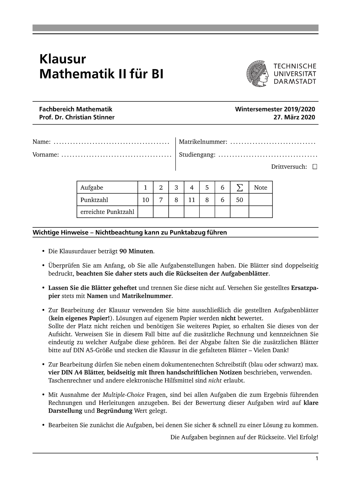 W19 Mathe 2-BI - Klausur Wintersemester 2019 - Klausur Mathematik II ...