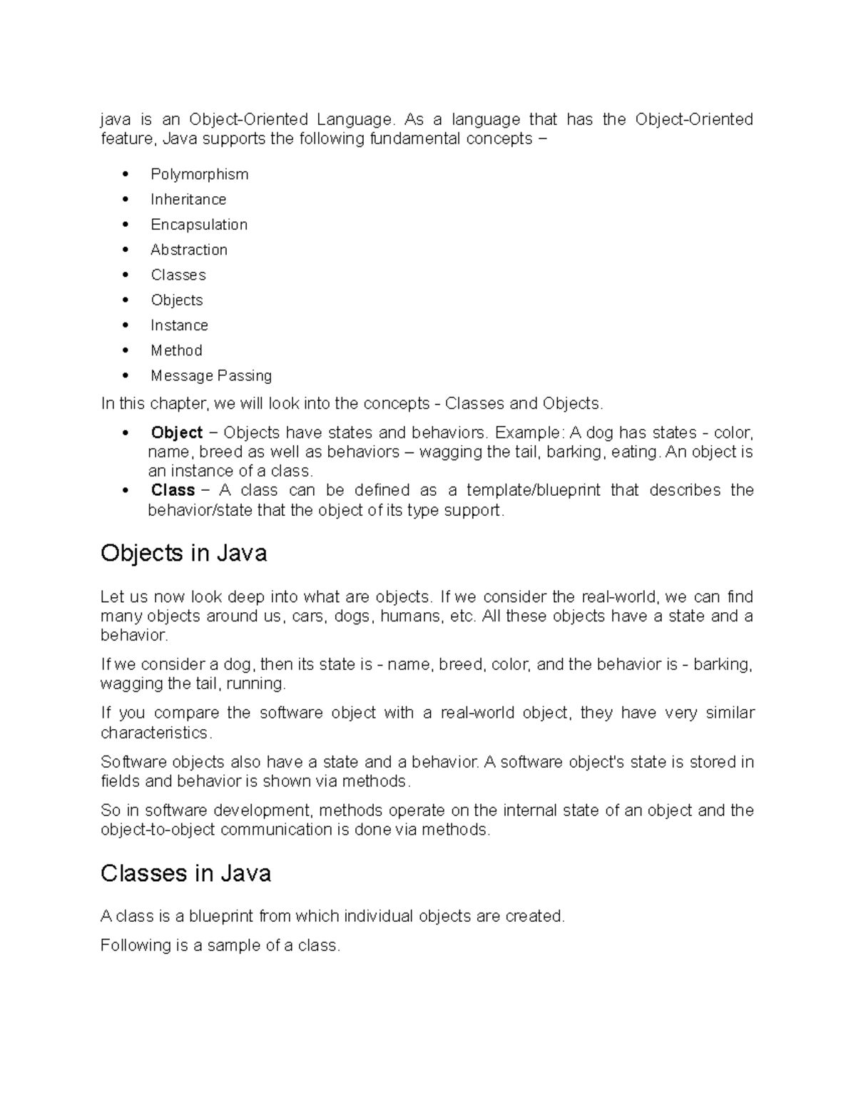 Java oops - MSCAS staff notes - java is an Object-Oriented Language. As ...