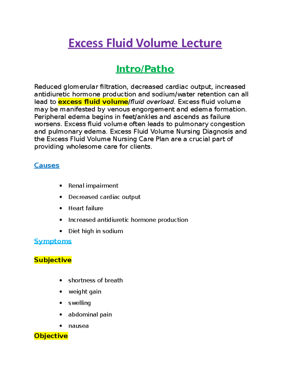 Excess Fluid Volume Lecture Excess Fluid Volume Lecture Intro/Patho