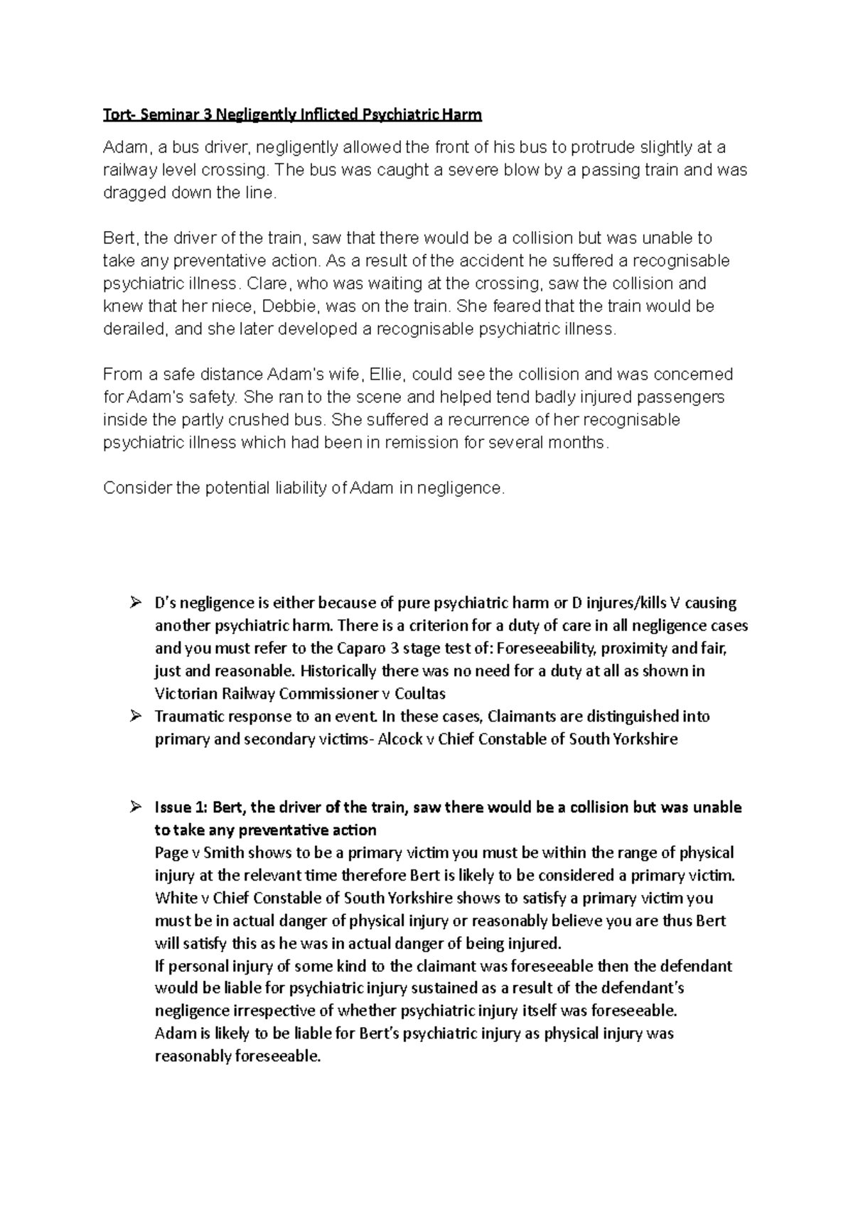 Seminar 3- Psychiatric Harm - Tort- Seminar 3 Negligently Inflicted ...