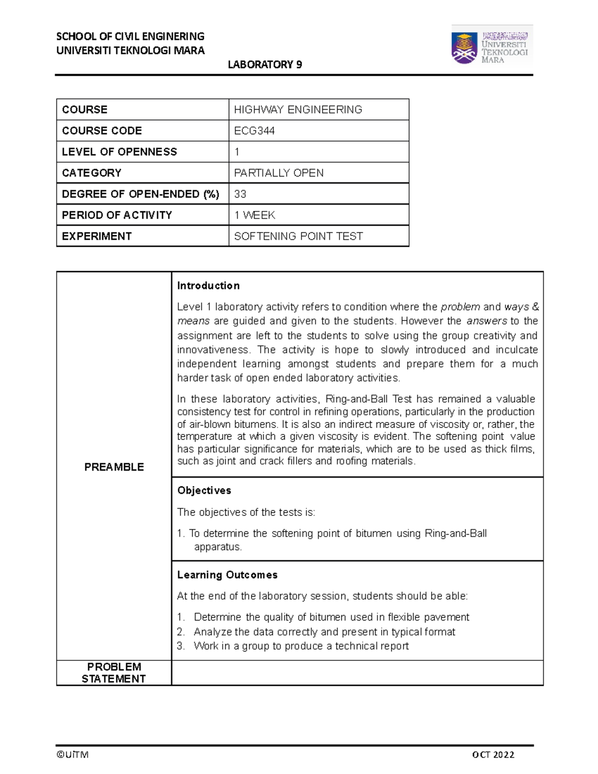 LAB 9- Softening Point OEL1 - COURSE HIGHWAY ENGINEERING COURSE CODE ...