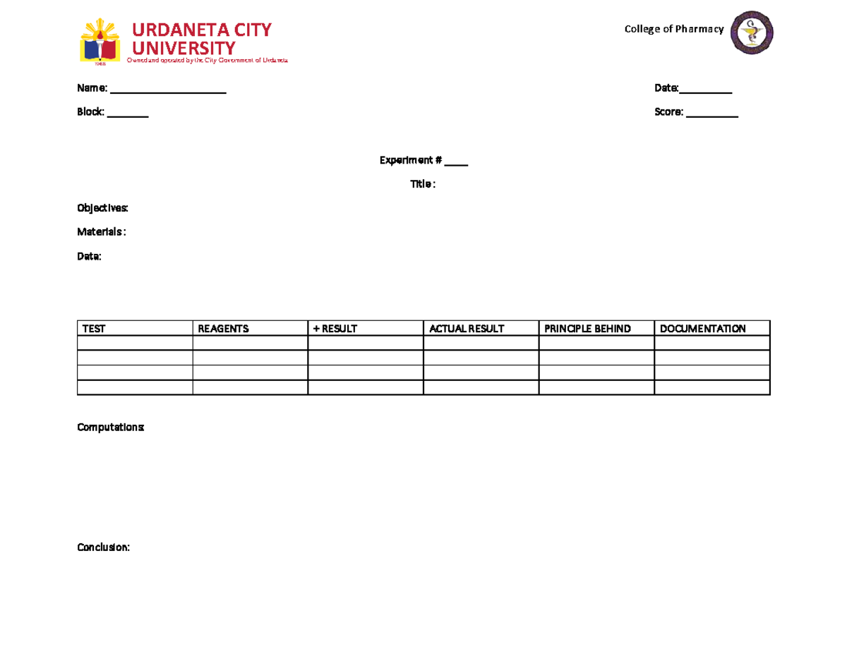Laboratory Notebook content fin - UNIVERSITY URDANETA CITY Owned and ...