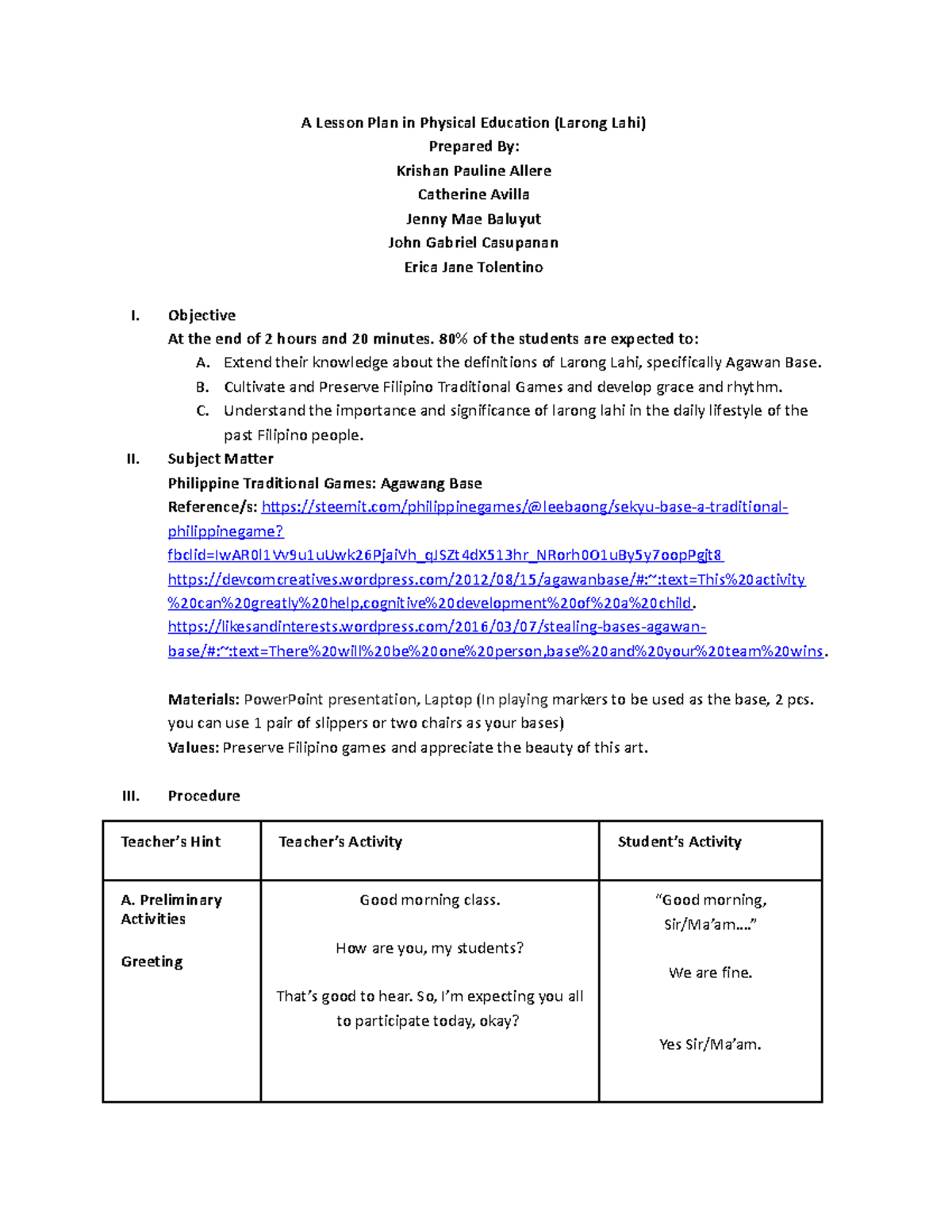 Lesson PLAN Agawan BASE Group 2 BPED303 - A Lesson Plan in Physical ...