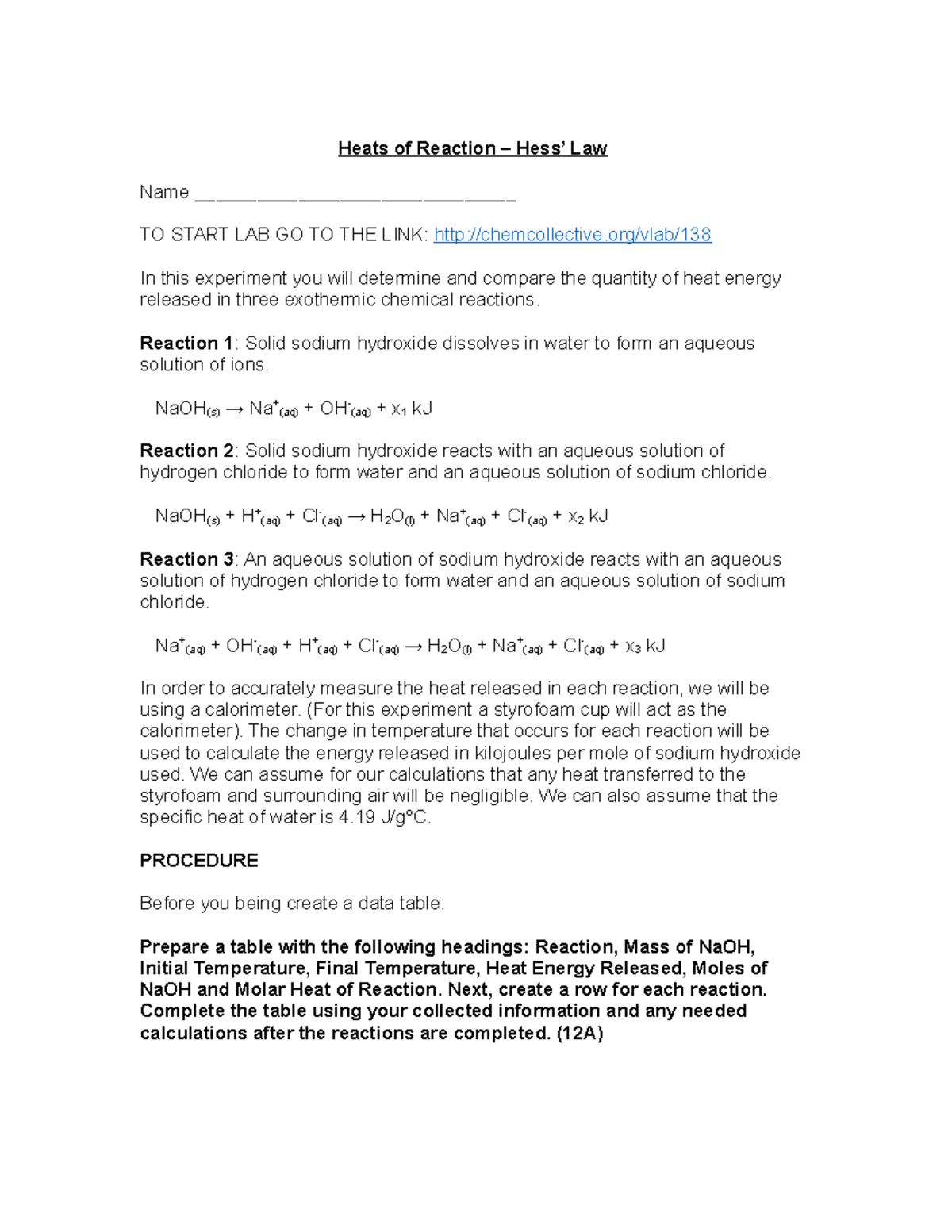 Hess Law Virtual Lab Lab Heats of Reaction Hess’ Law Name